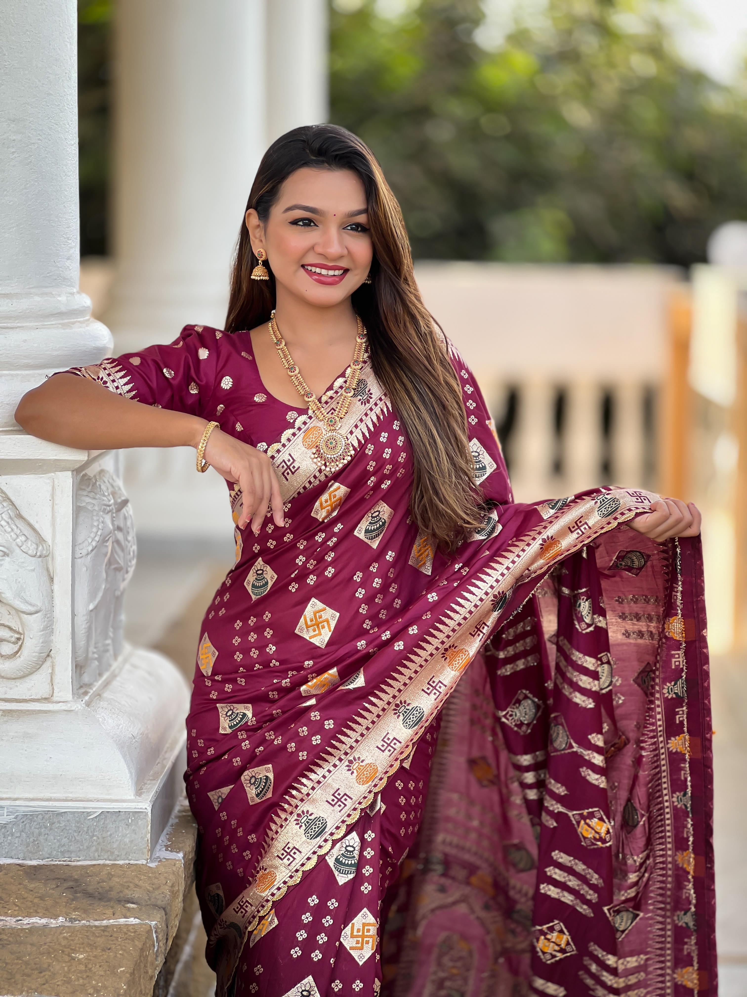 Maroon Varni Fabrics Women Floral Dolla Silk Tassels and Latkans Saree comes With Matching Blouse