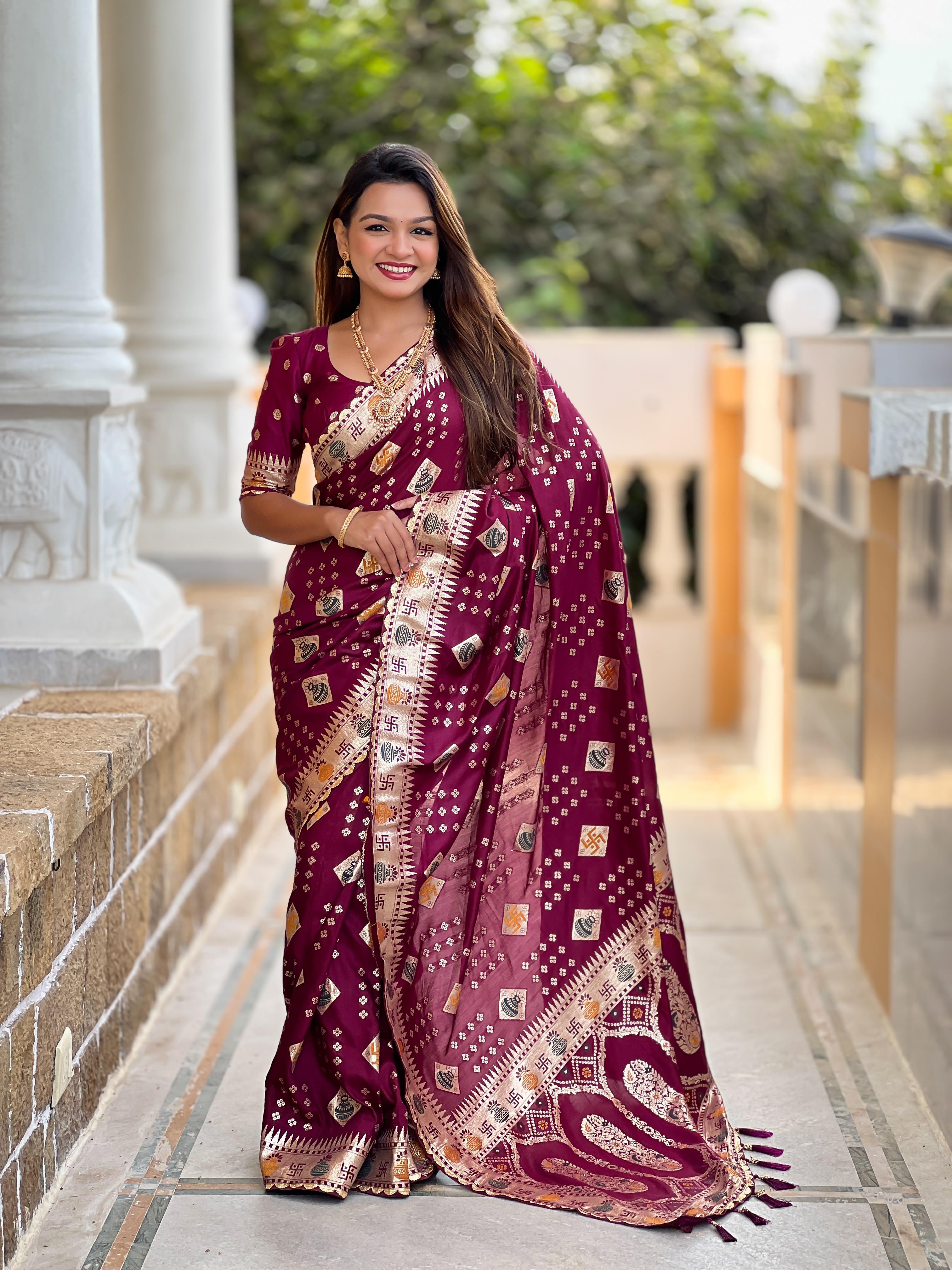 Maroon Varni Fabrics Women Floral Dolla Silk Tassels and Latkans Saree comes With Matching Blouse