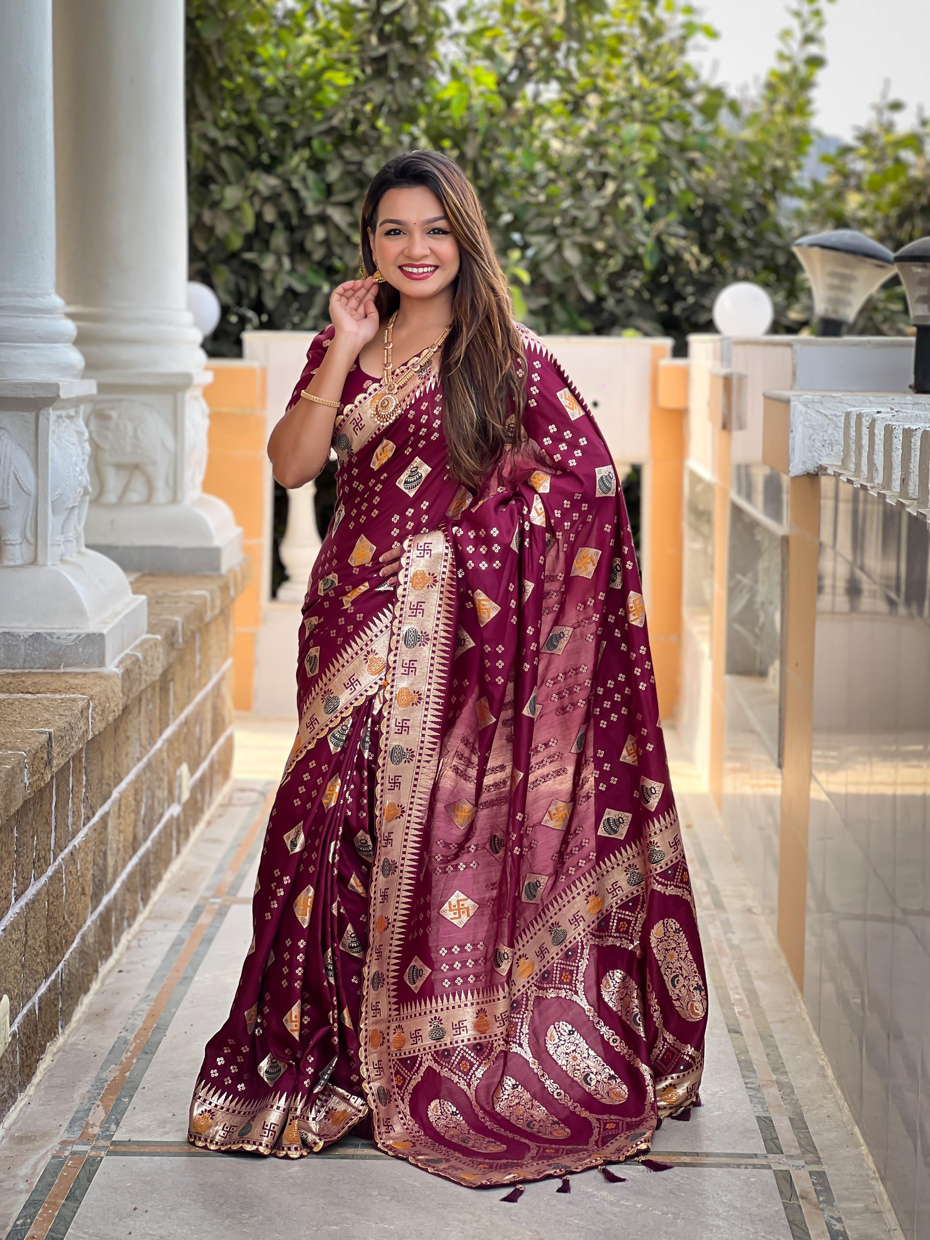 Maroon Varni Fabrics Women Floral Dolla Silk Tassels and Latkans Saree comes With Matching Blouse