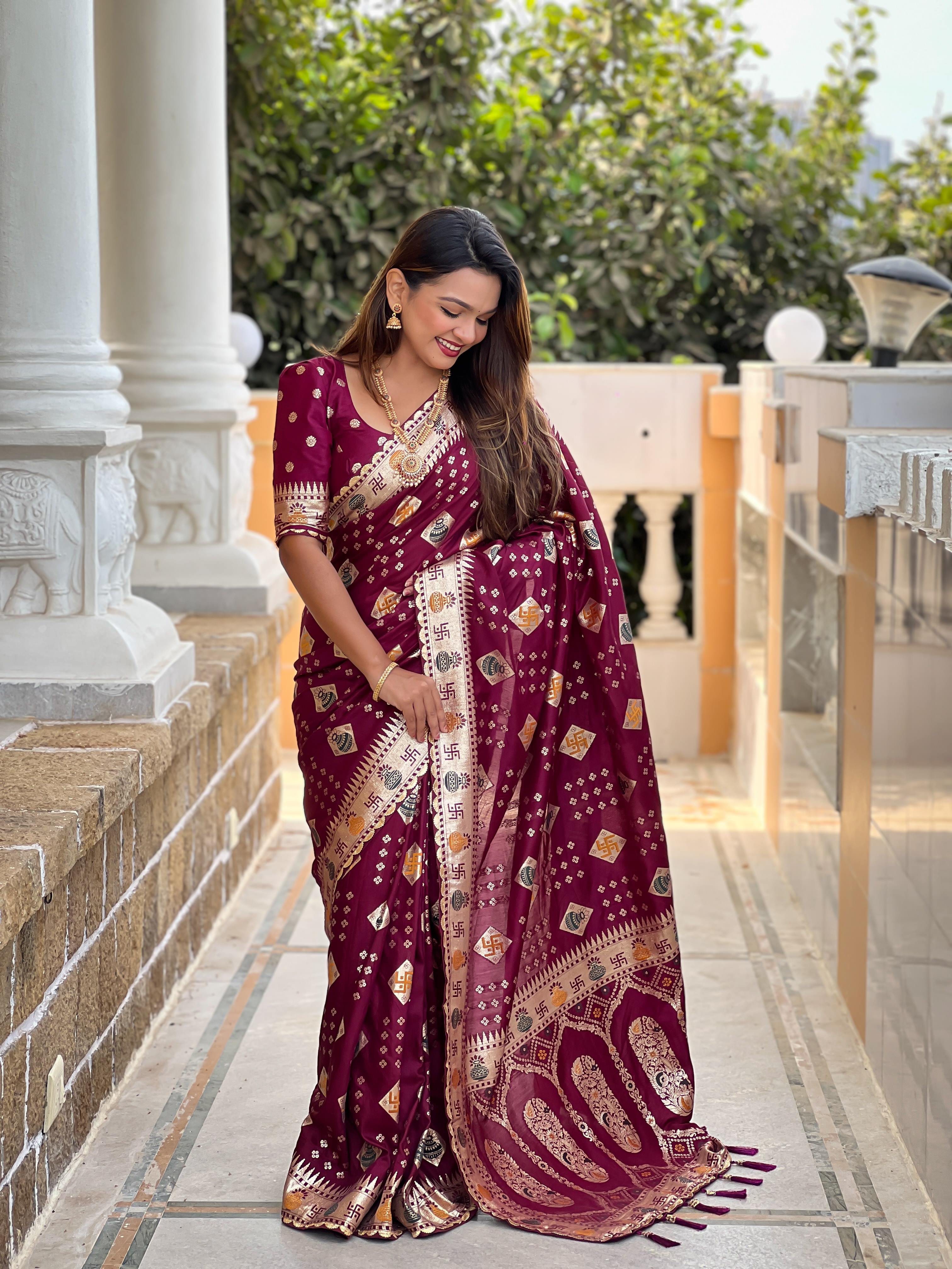 Maroon Varni Fabrics Women Floral Dolla Silk Tassels and Latkans Saree comes With Matching Blouse