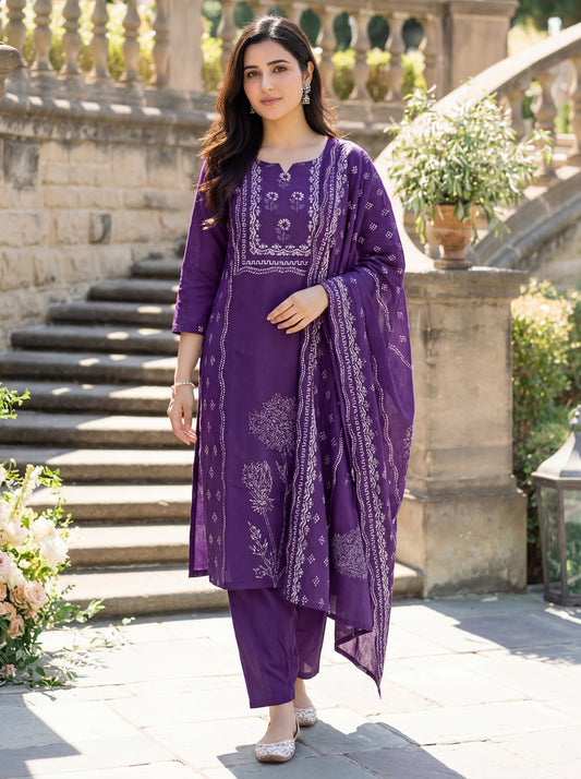 Women's Deep Purple Printed Straight Muslin Kurta Pant Set With Dupatta For Festive & Ethnic Wear
