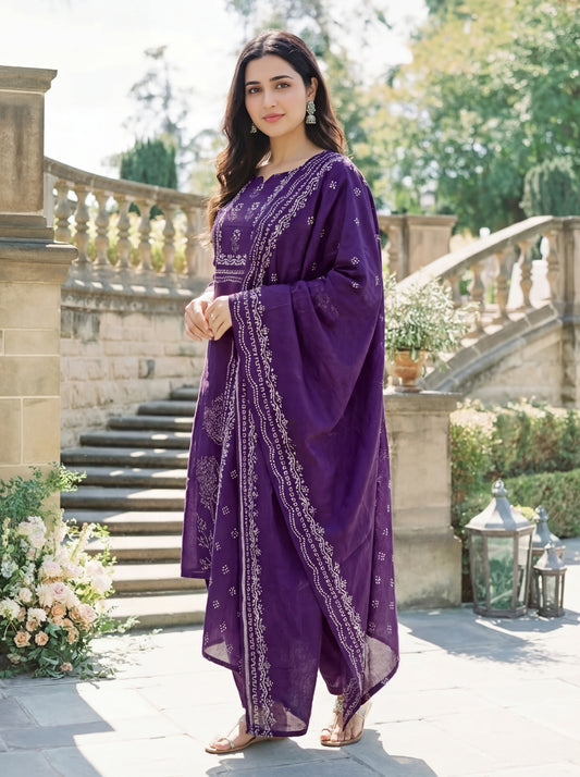 Women's Deep Purple Printed Straight Muslin Kurta Pant Set With Dupatta For Festive & Ethnic Wear