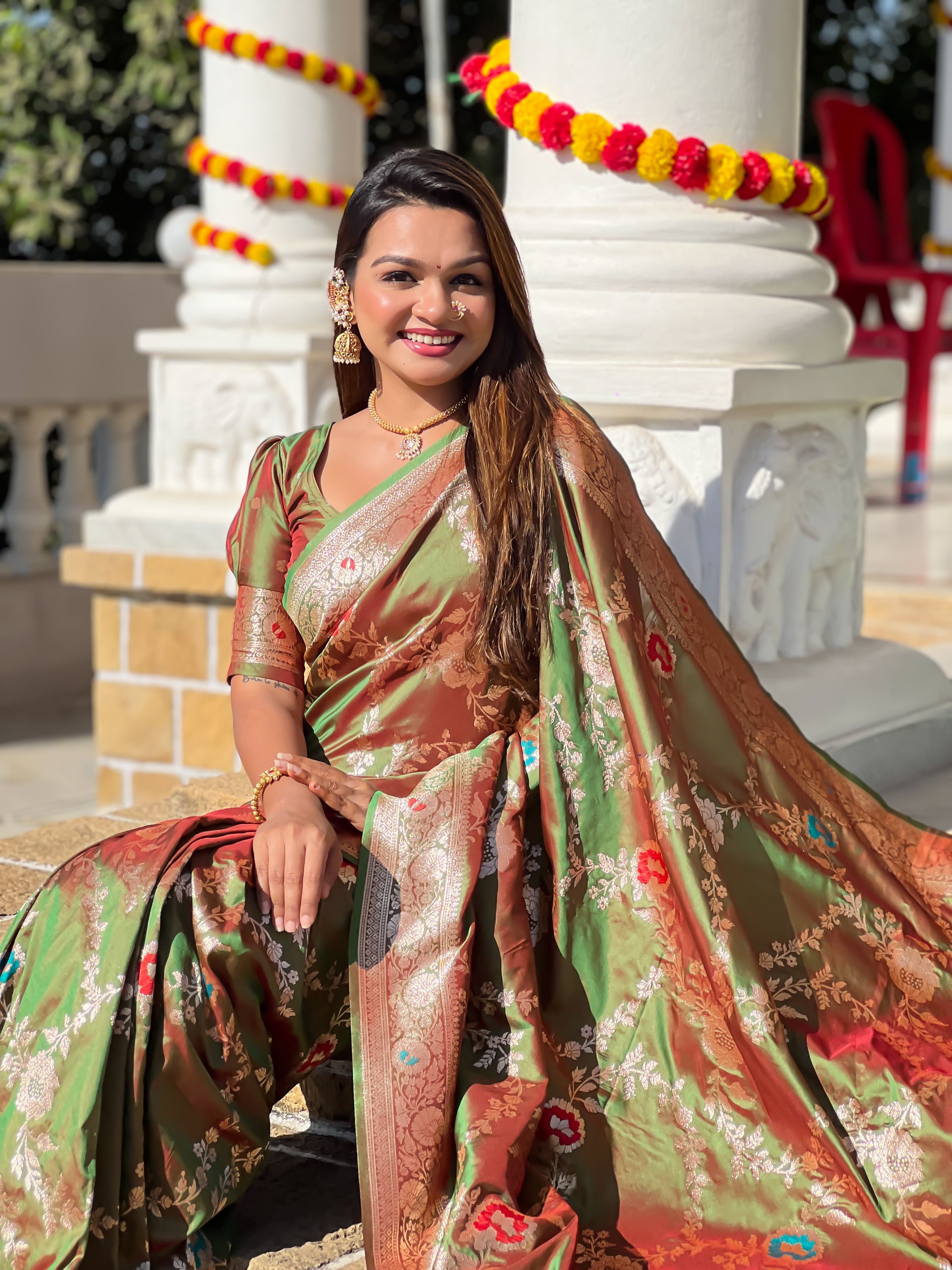 Mahendi Varni Fabrics Women Floral Banarasi Silk Woven Saree comes With Matching Blouse