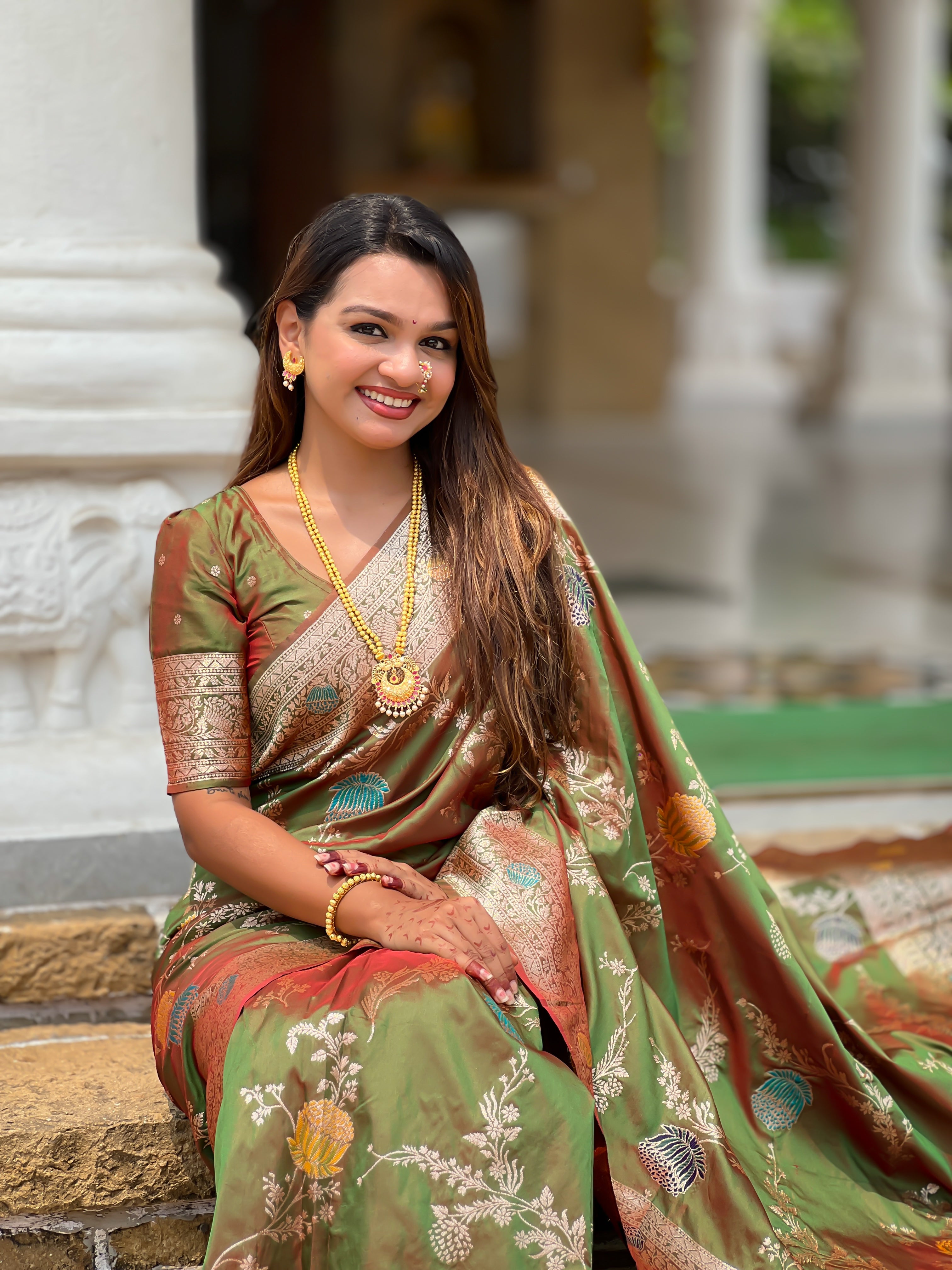Mahendi Designer Banarasi Silk Saree for Women –  Woven Floral Saree with Blouse