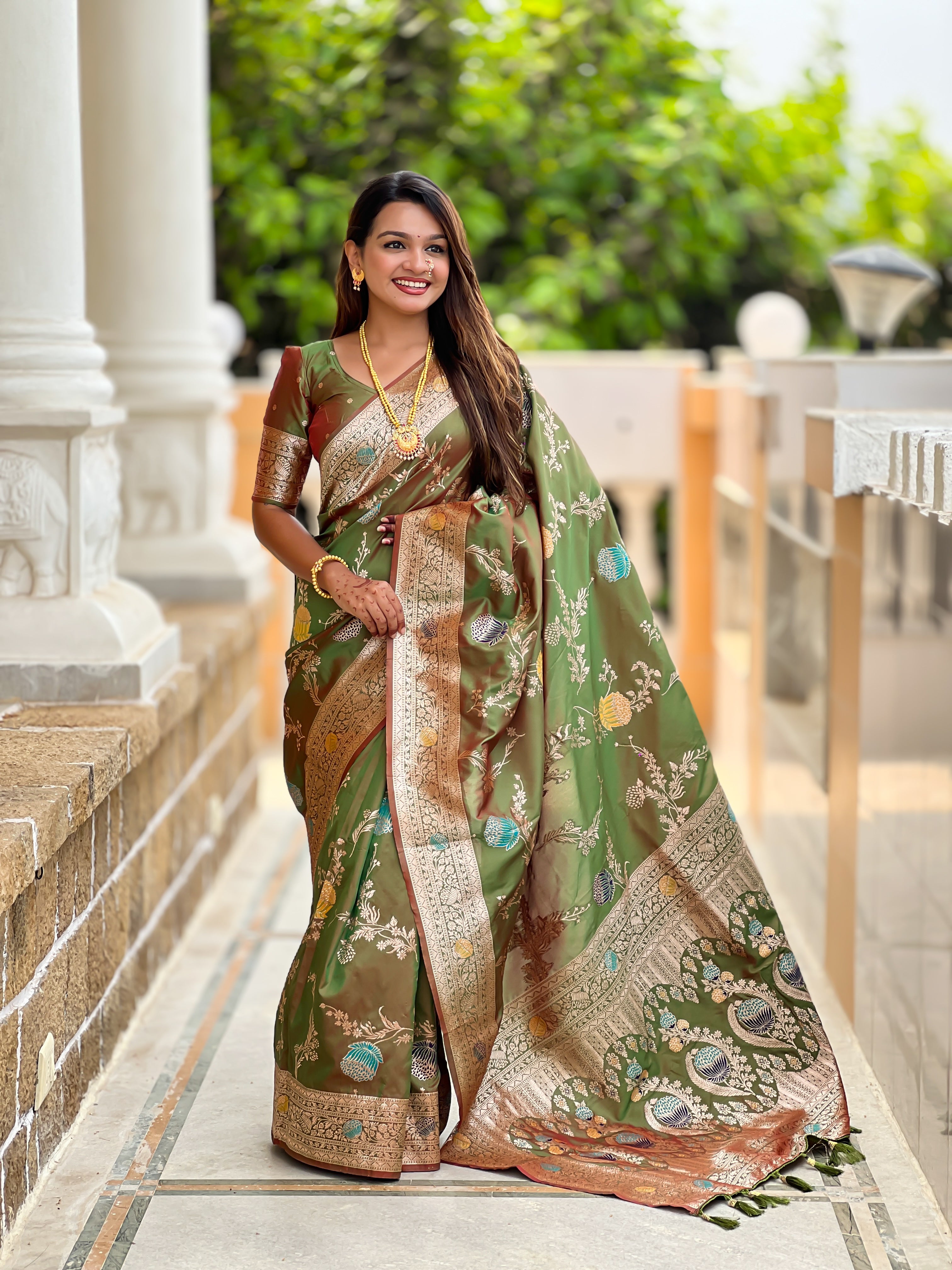 Mahendi Designer Banarasi Silk Saree for Women –  Woven Floral Saree with Blouse