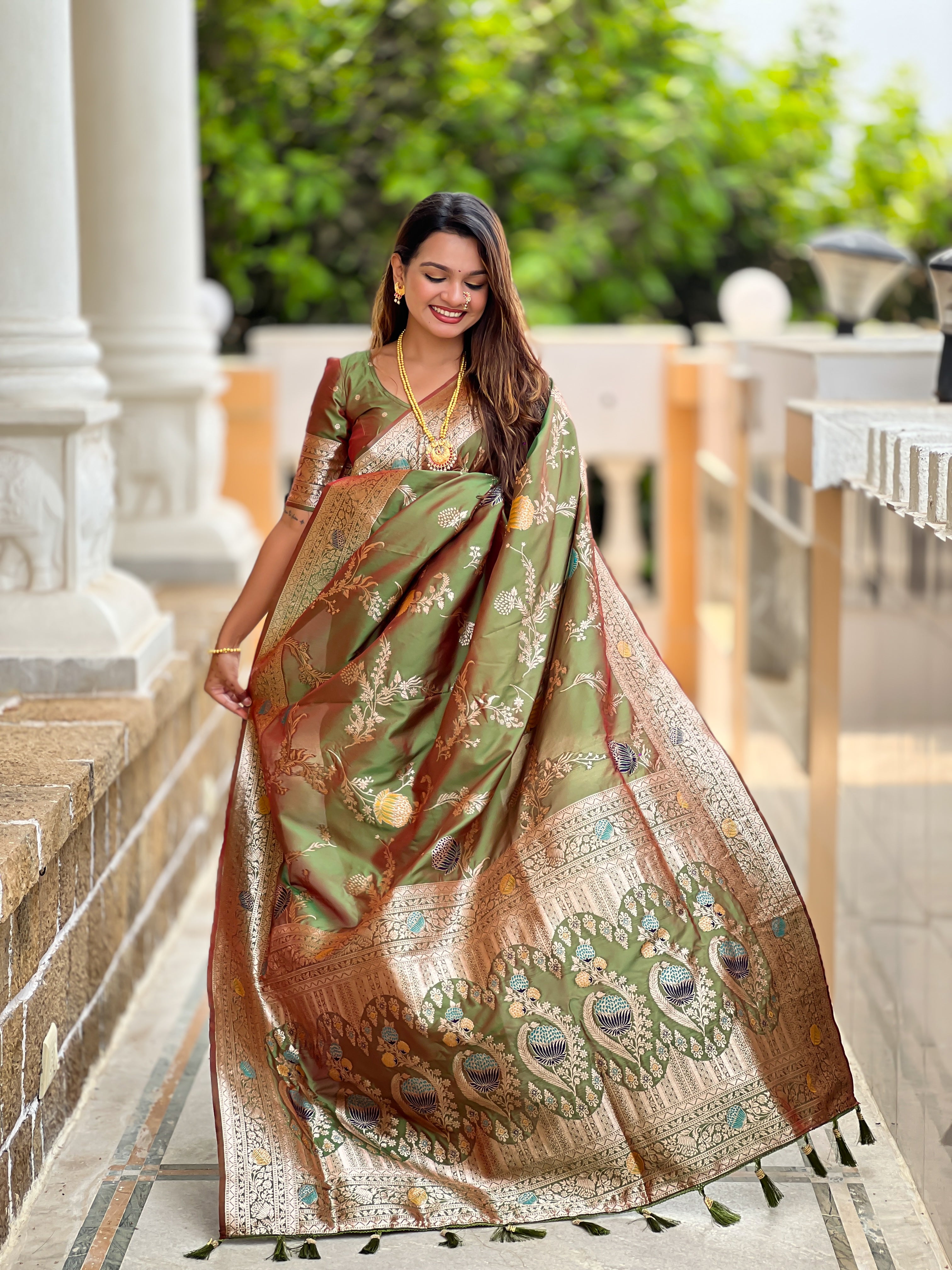 Mahendi Designer Banarasi Silk Saree for Women –  Woven Floral Saree with Blouse