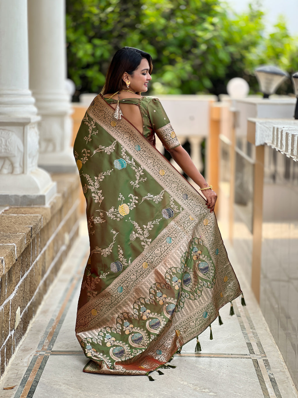 Mahendi Designer Banarasi Silk Saree for Women –  Woven Floral Saree with Blouse