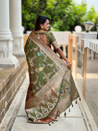 Mahendi Designer Banarasi Silk Saree for Women –  Woven Floral Saree with Blouse
