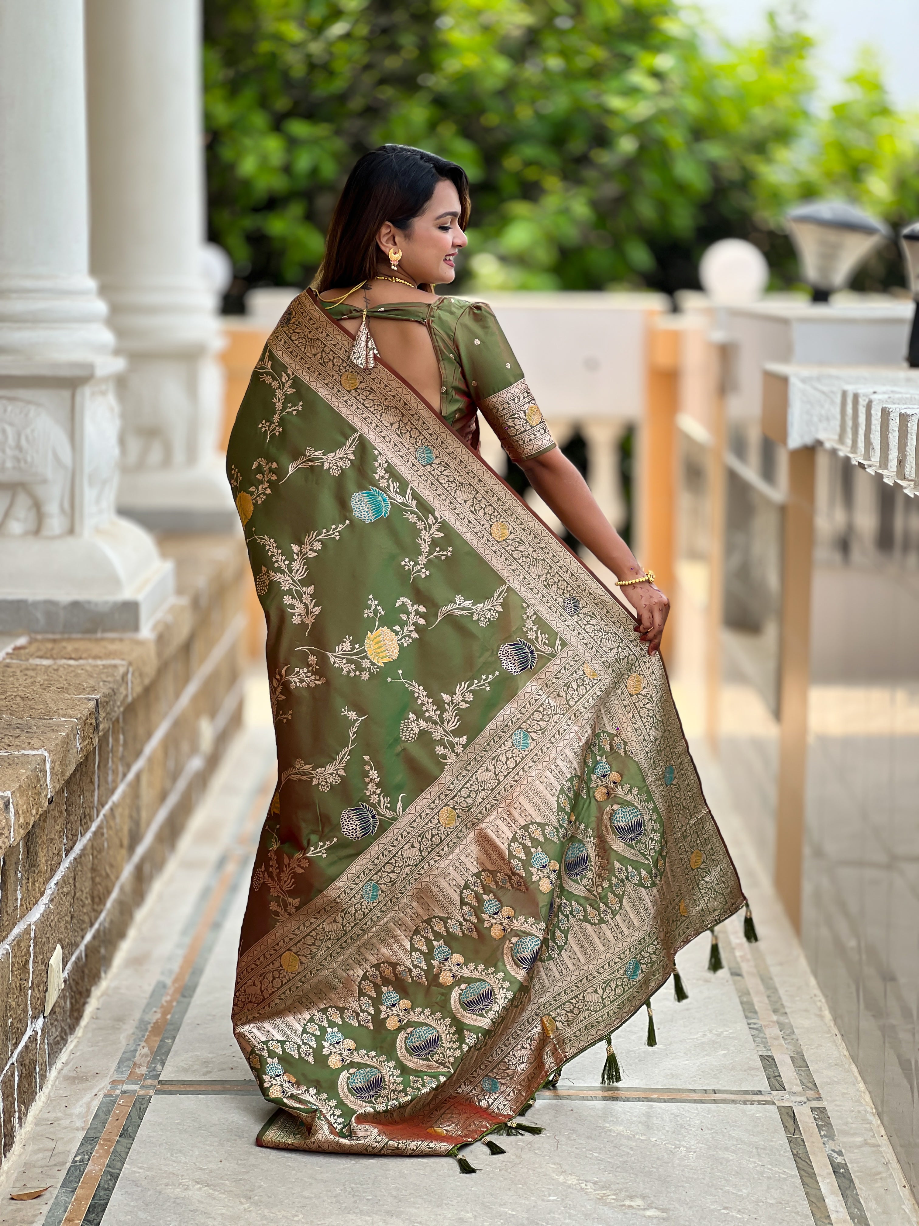 Mahendi Designer Banarasi Silk Saree for Women –  Woven Floral Saree with Blouse