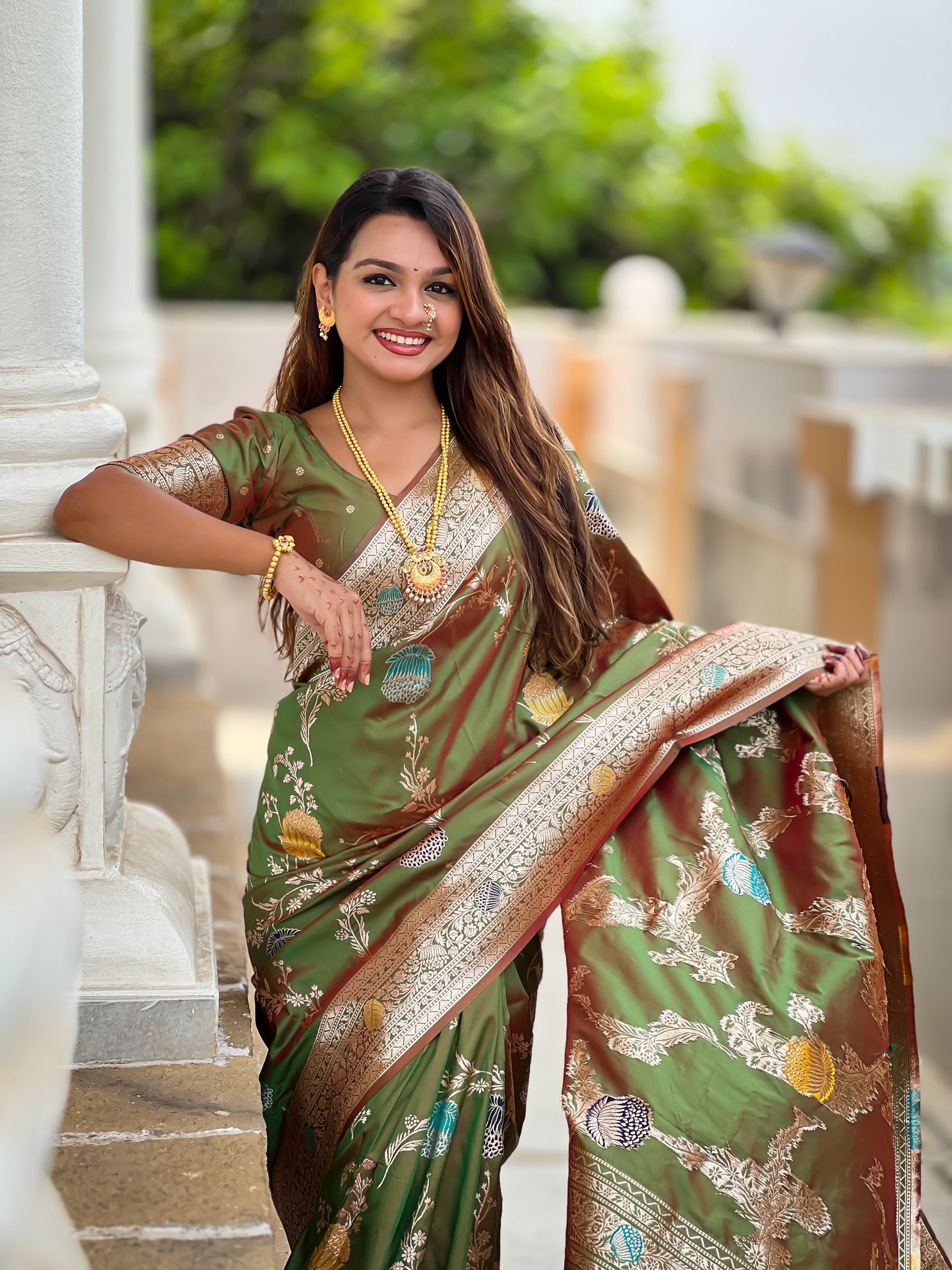 Mahendi Designer Banarasi Silk Saree for Women –  Woven Floral Saree with Blouse