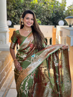 Mahendi Varni Fabrics Women Floral Banarasi Silk Woven Saree comes With Matching Blouse