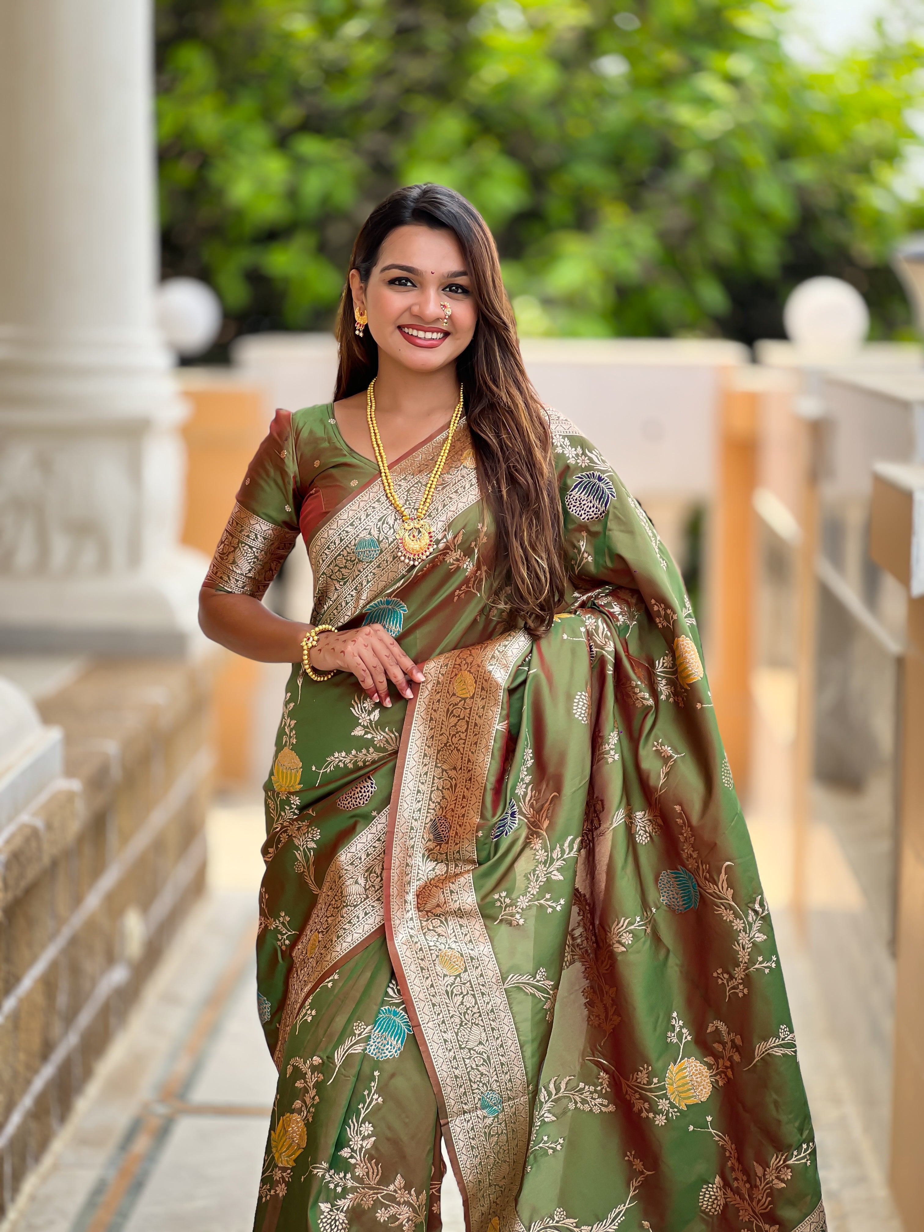 Mahendi Designer Banarasi Silk Saree for Women –  Woven Floral Saree with Blouse