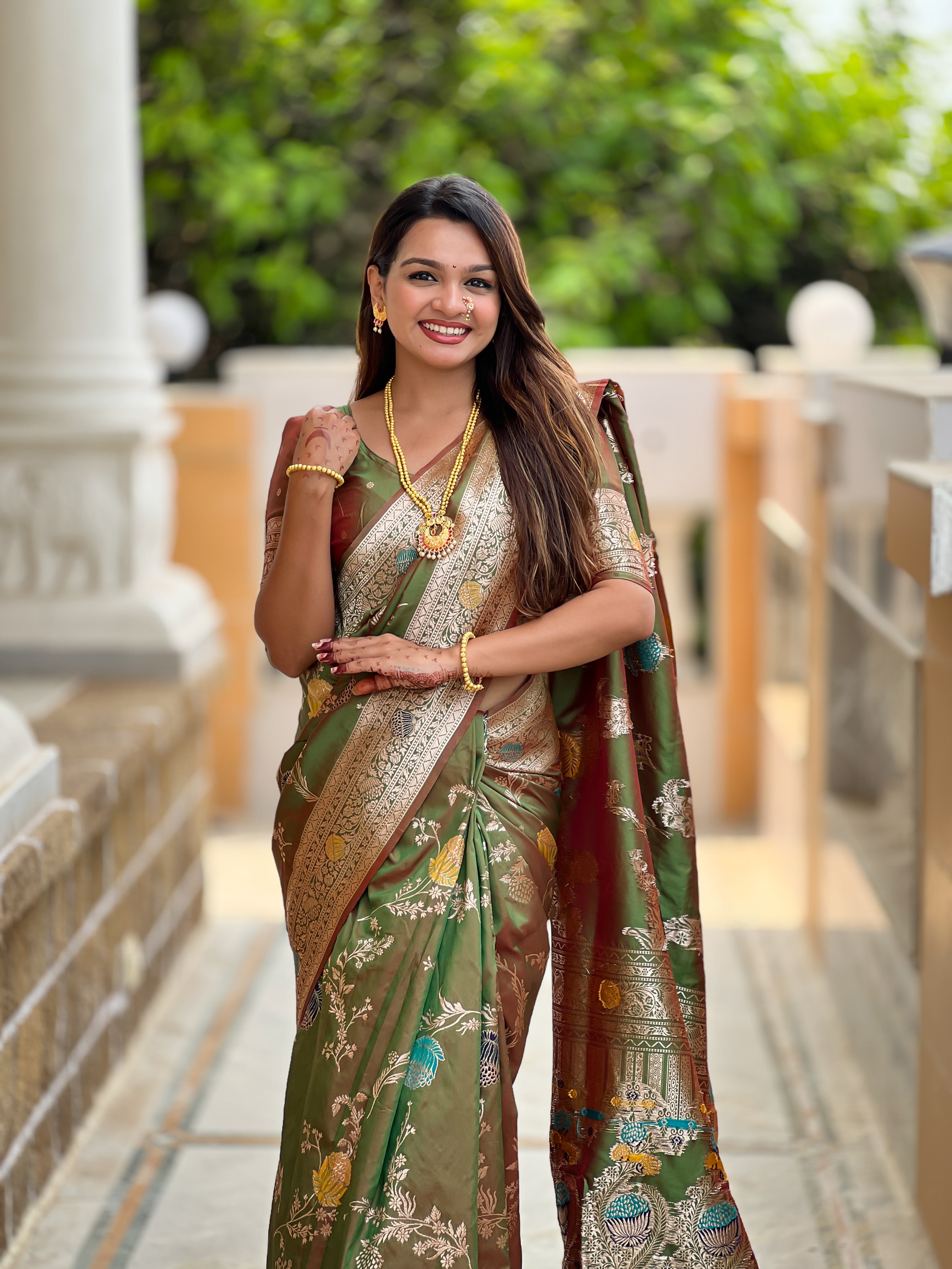 Mahendi Designer Banarasi Silk Saree for Women –  Woven Floral Saree with Blouse