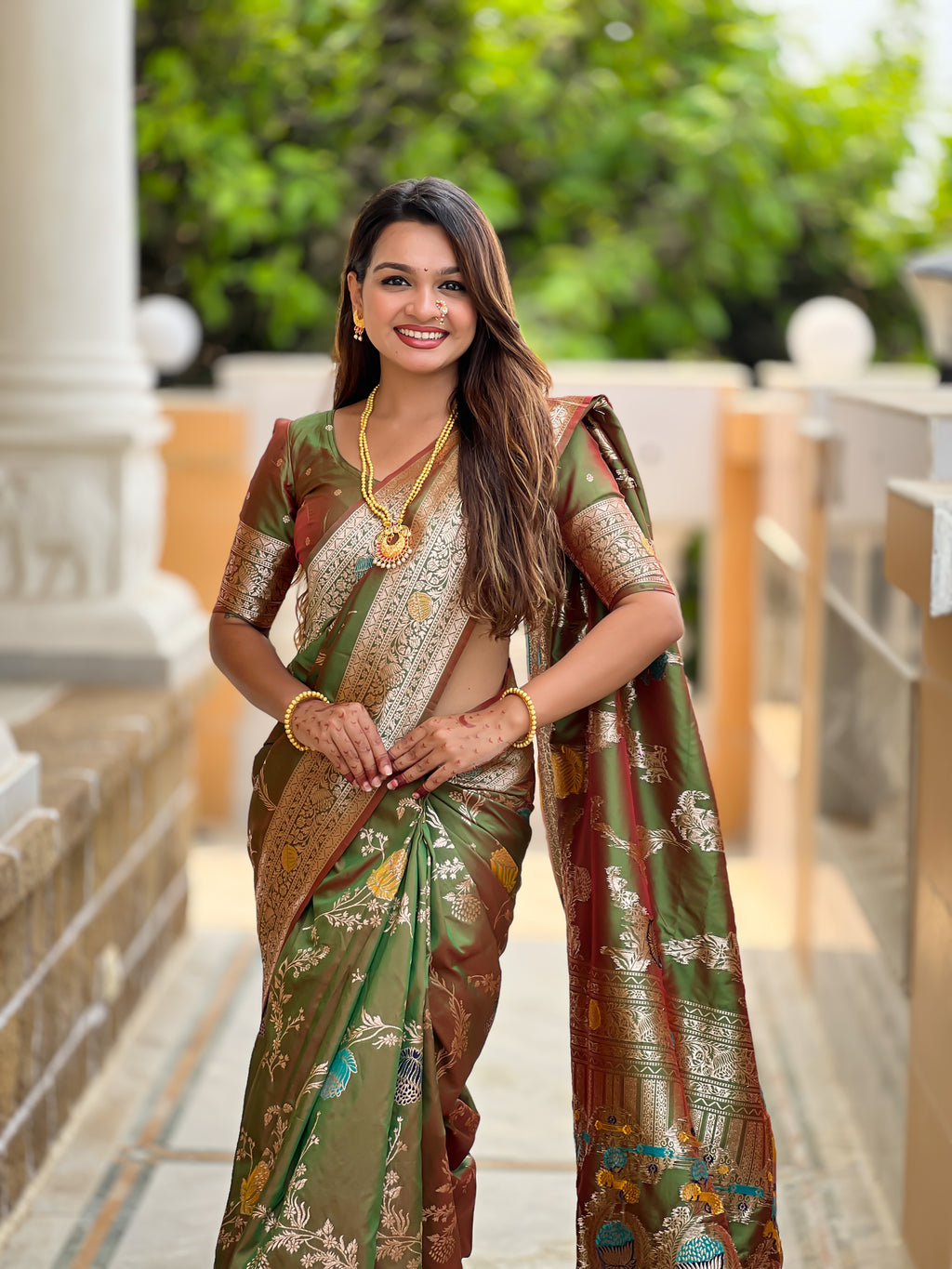 Mahendi Designer Banarasi Silk Saree for Women –  Woven Floral Saree with Blouse