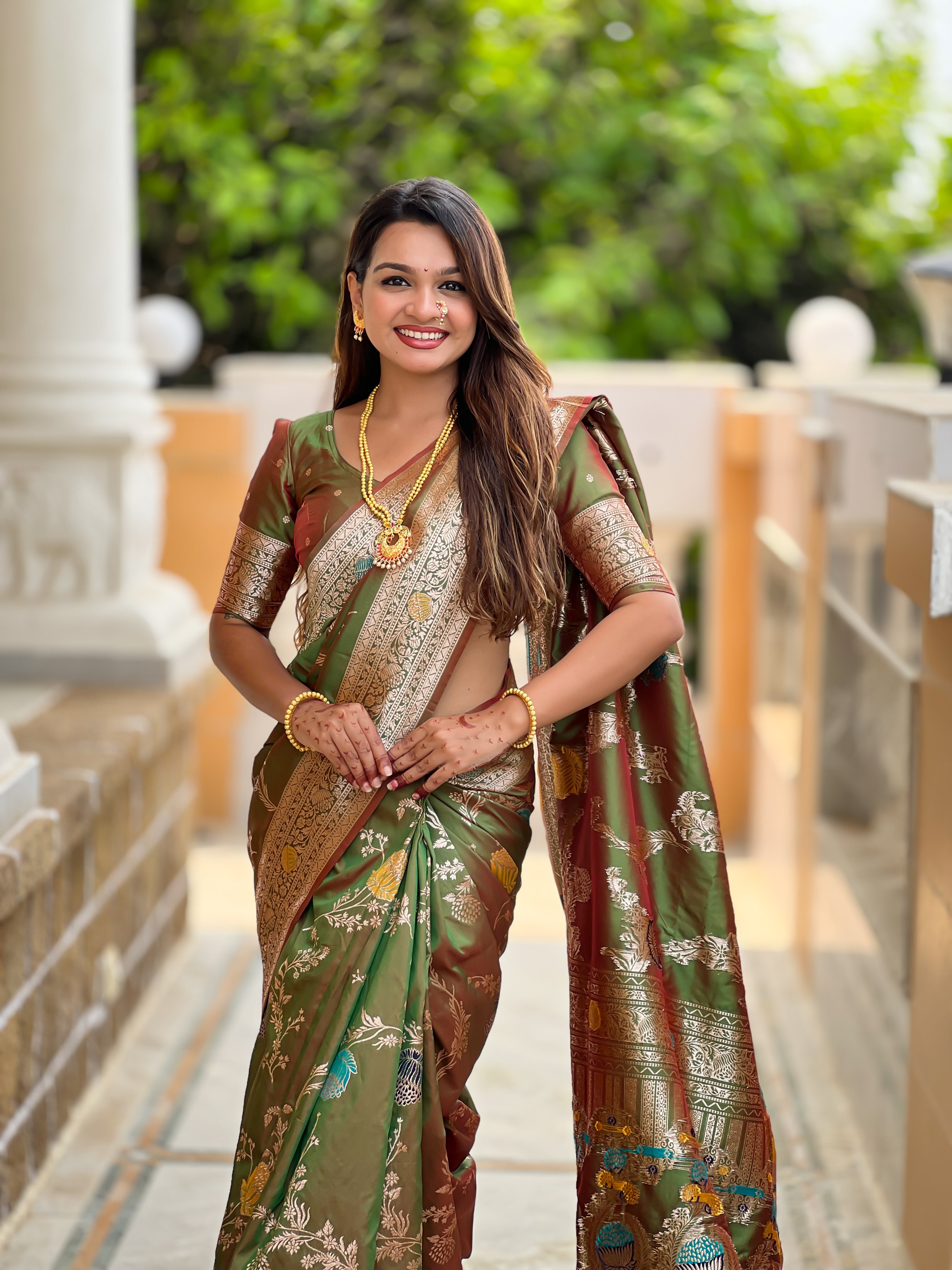 Mahendi Designer Banarasi Silk Saree for Women –  Woven Floral Saree with Blouse