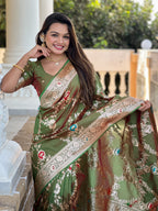 Mahendi Varni Fabrics Women Floral Banarasi Silk Woven Saree comes With Matching Blouse
