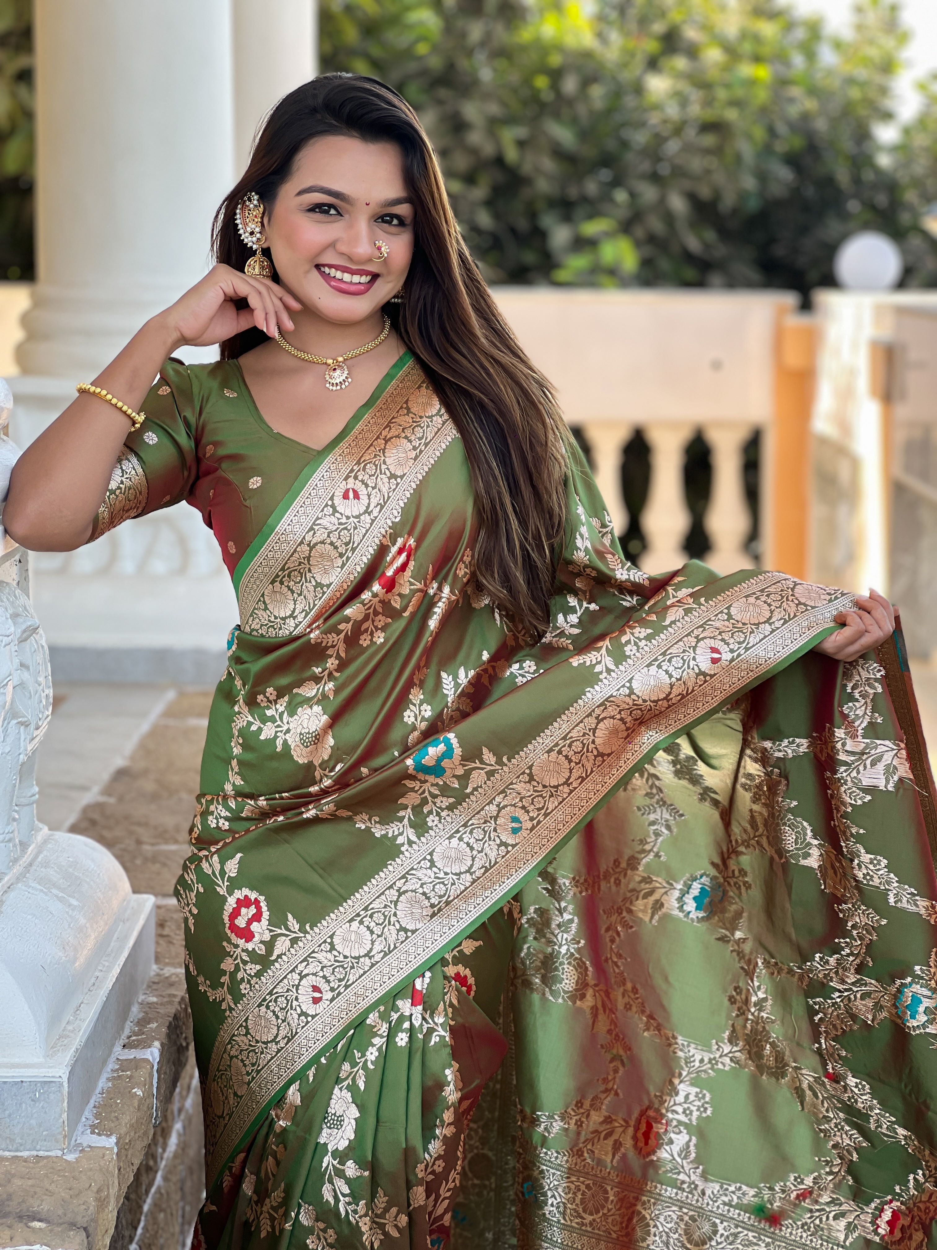 Mahendi Varni Fabrics Women Floral Banarasi Silk Woven Saree comes With Matching Blouse