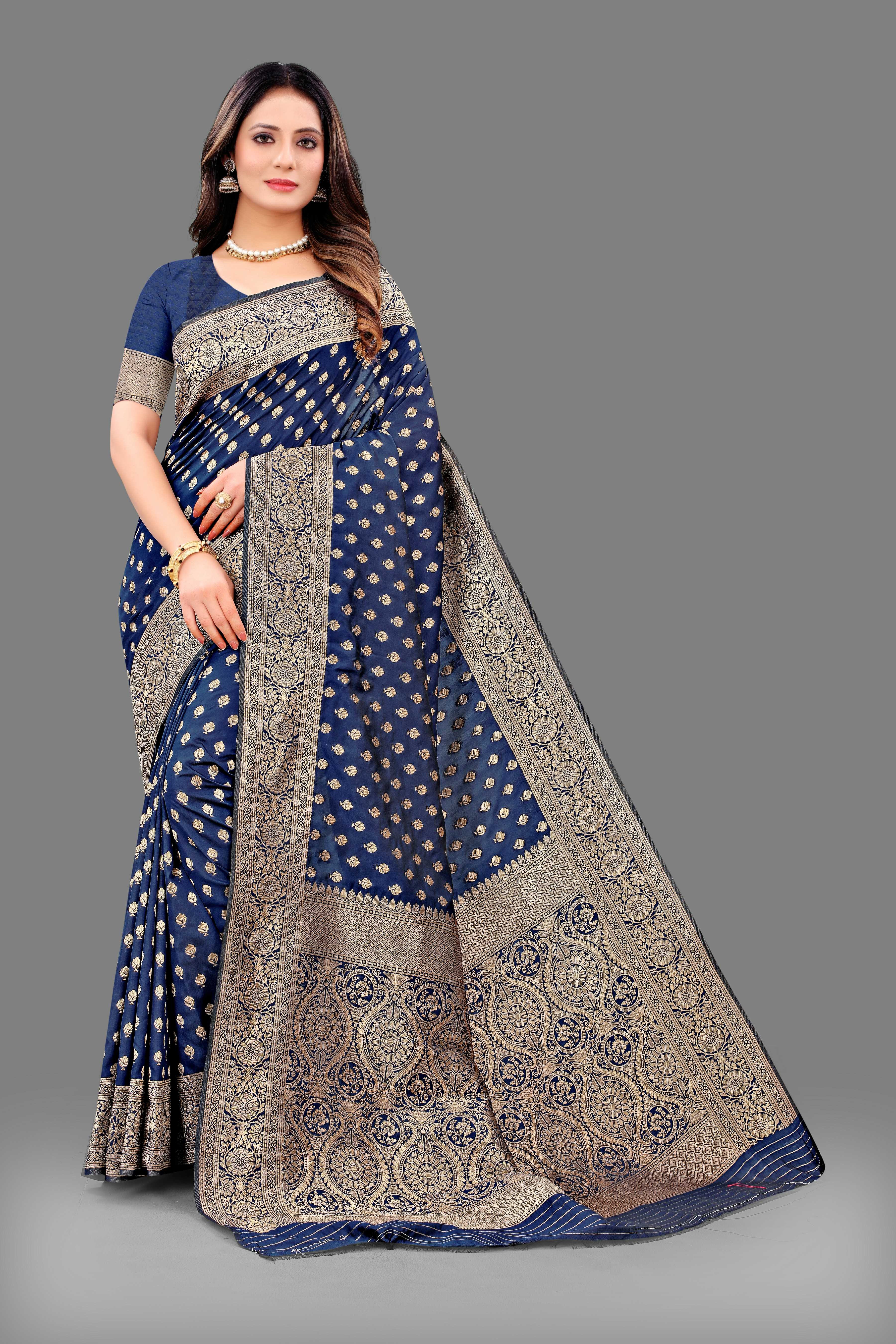 Designer Navy Blue Banarasi Saree with Intricate Golden Work – Bridal & Party Wear