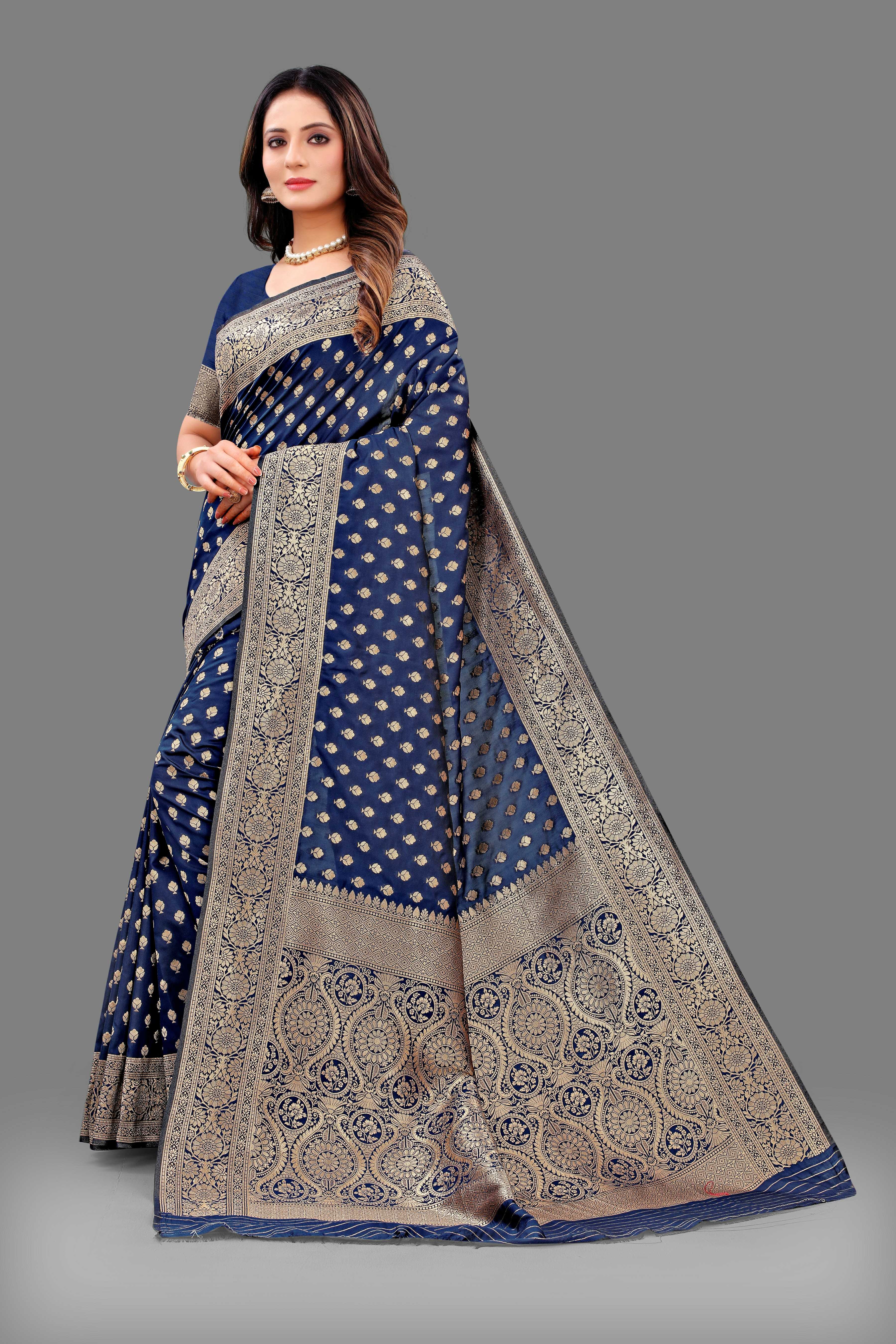 Designer Navy Blue Banarasi Saree with Intricate Golden Work – Bridal & Party Wear