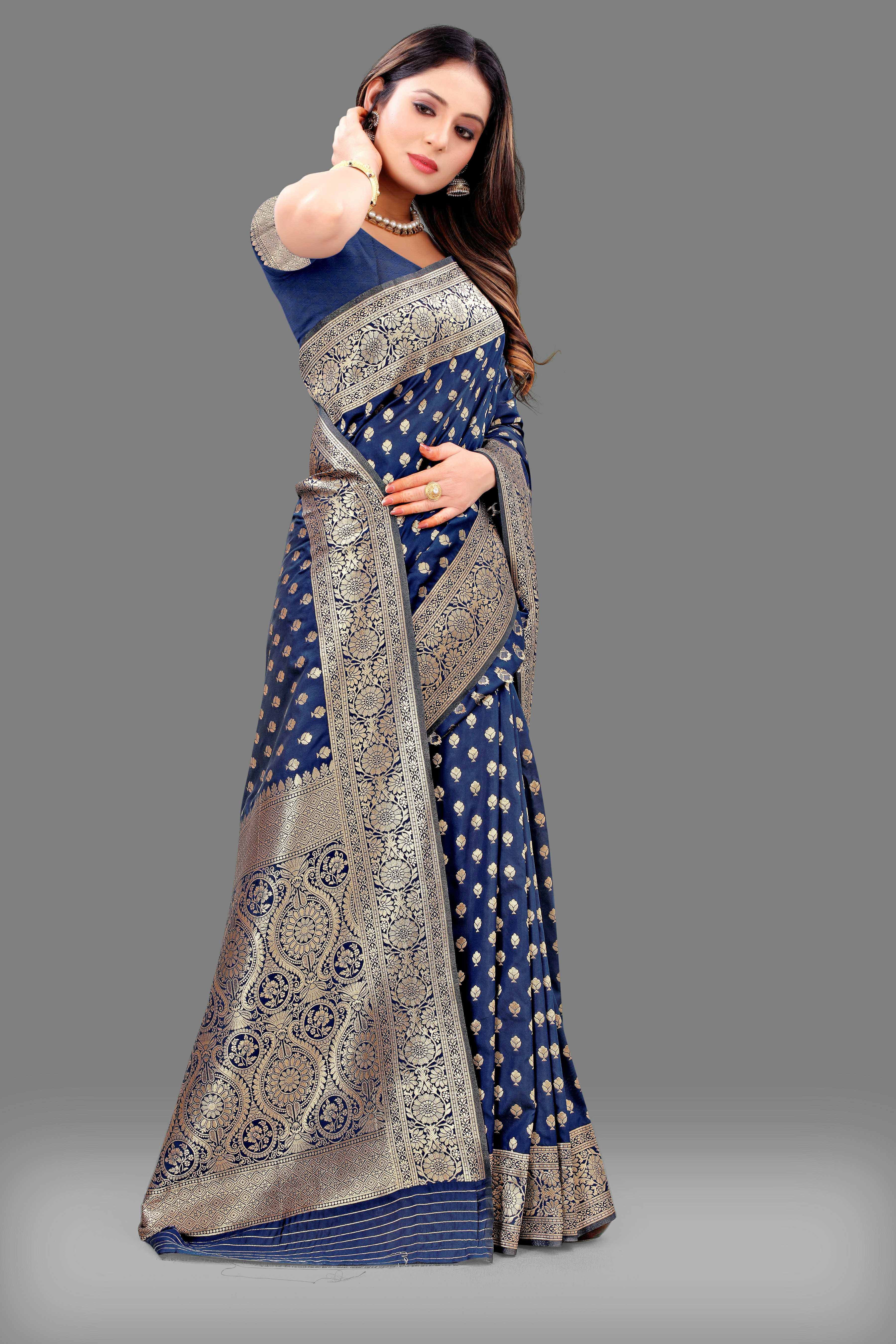 Designer Navy Blue Banarasi Saree with Intricate Golden Work – Bridal & Party Wear