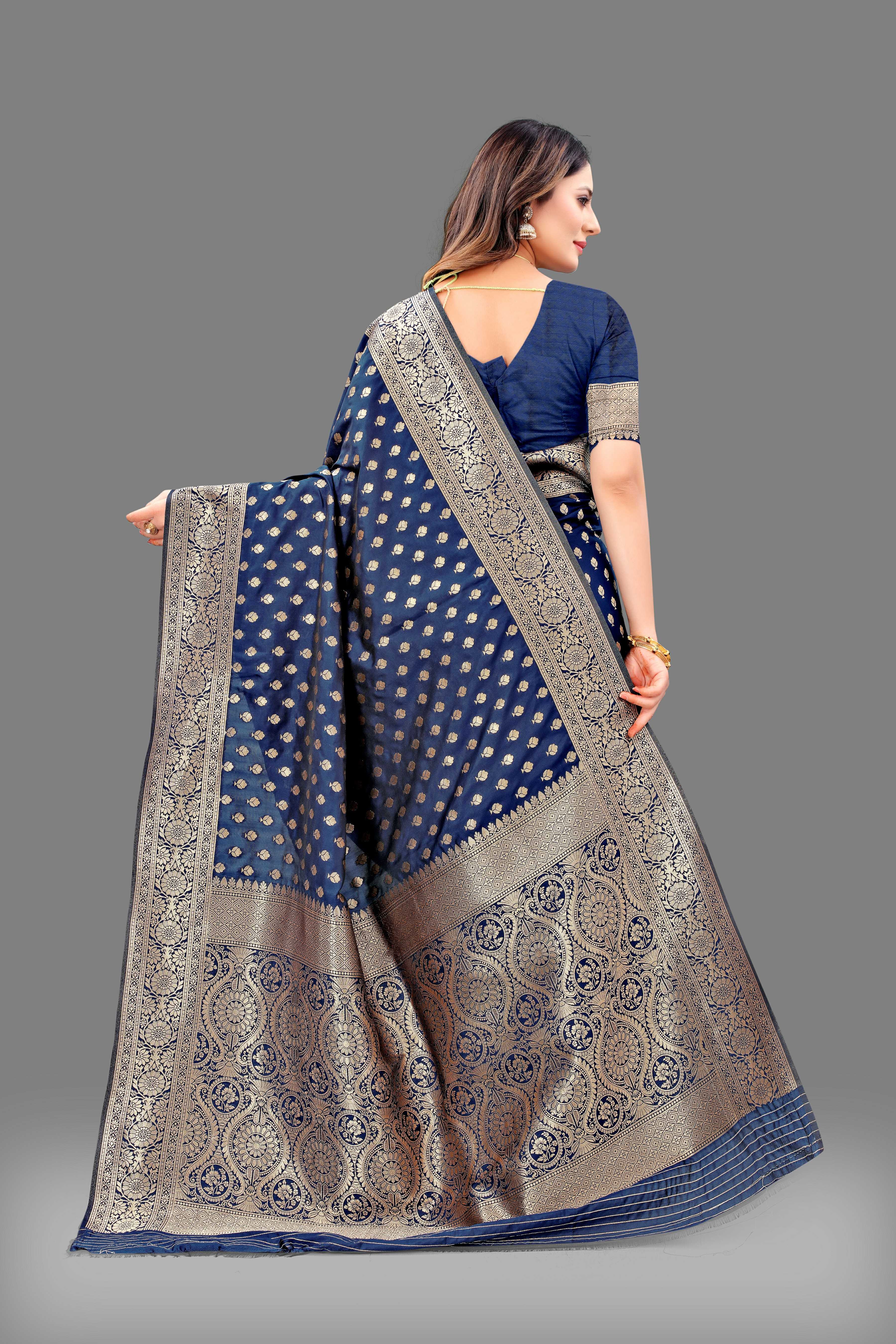 Designer Navy Blue Banarasi Saree with Intricate Golden Work – Bridal & Party Wear