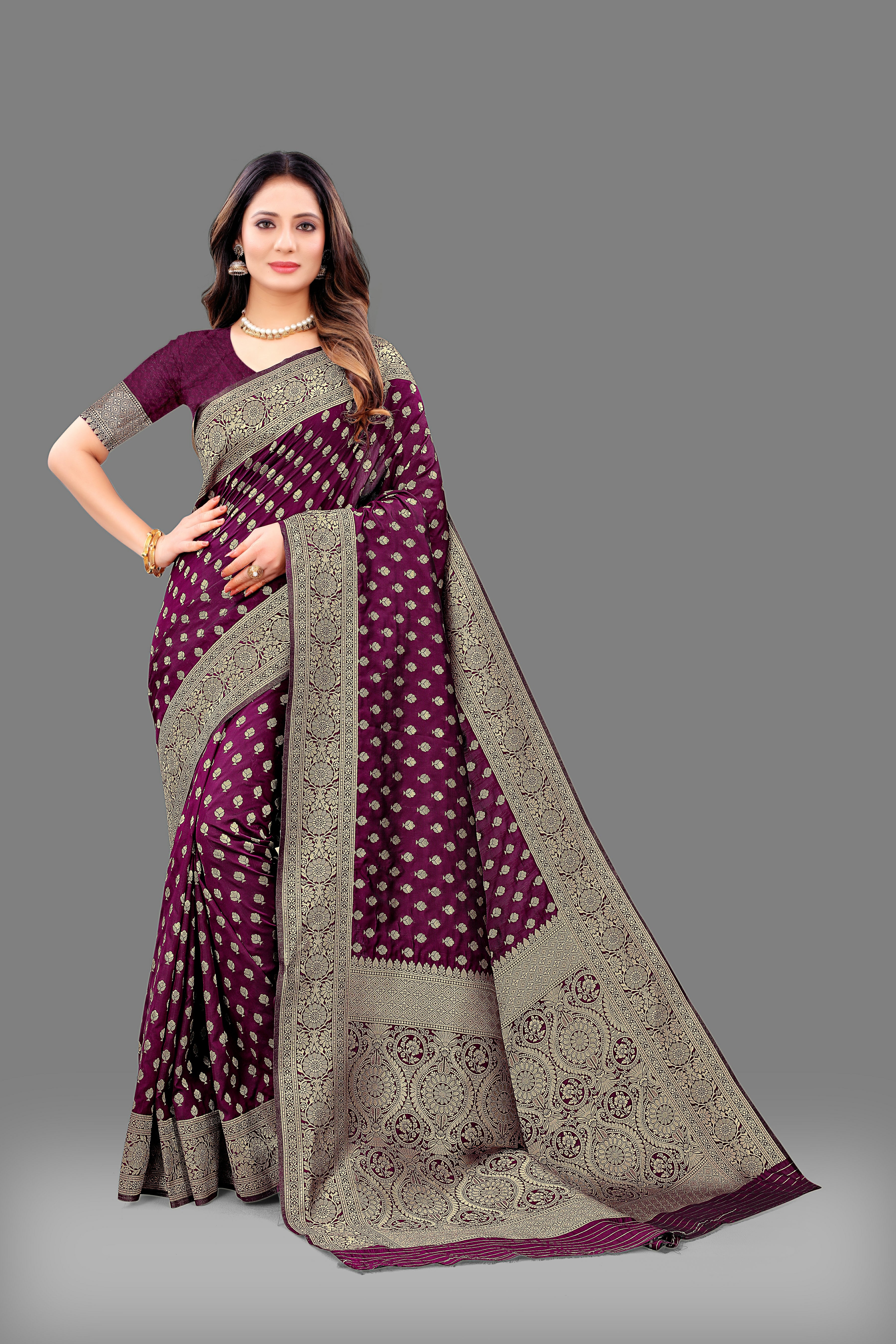 Designer Maroon Banarasi Saree with Intricate Golden Work – Bridal & Party Wear