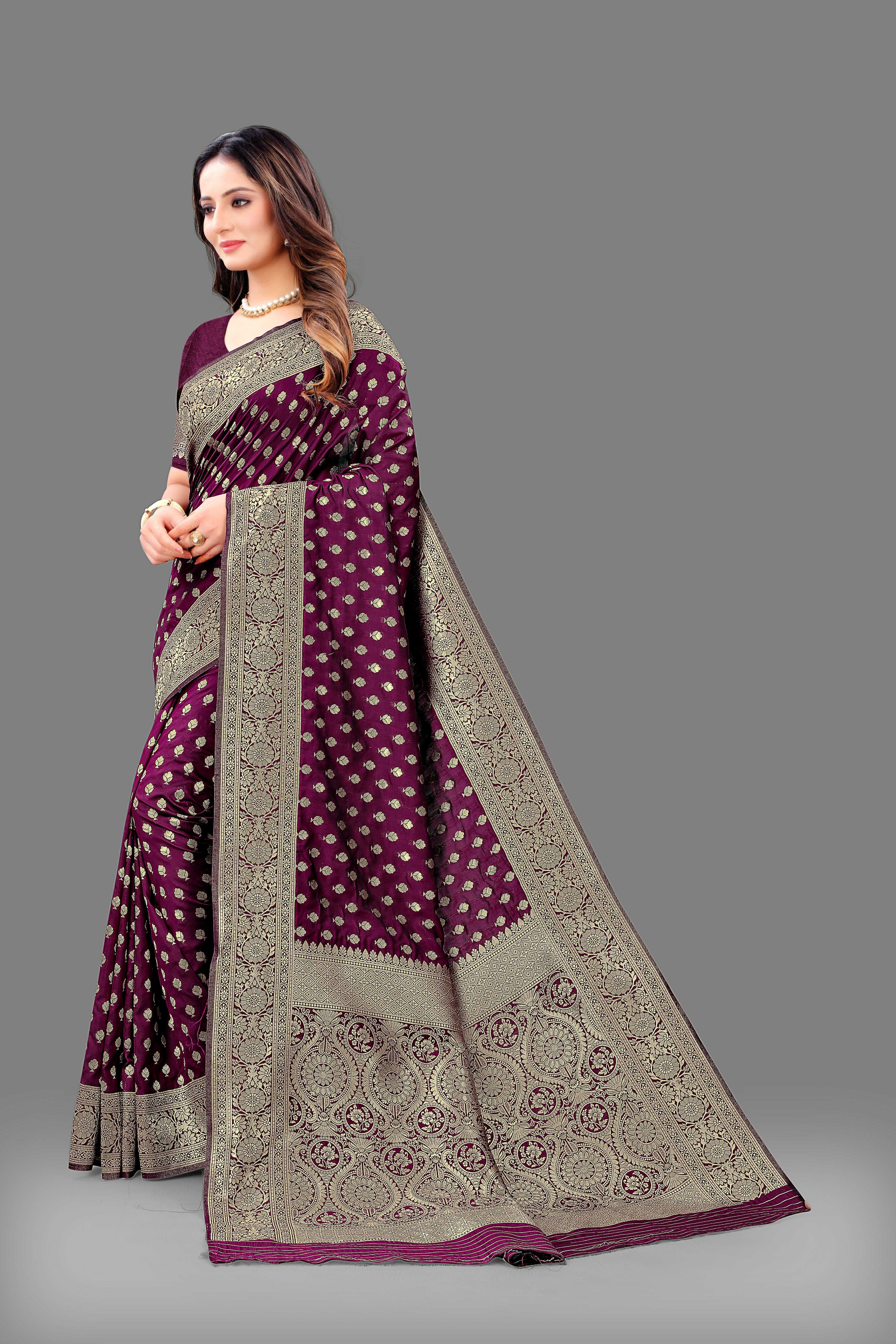 Designer Maroon Banarasi Saree with Intricate Golden Work – Bridal & Party Wear