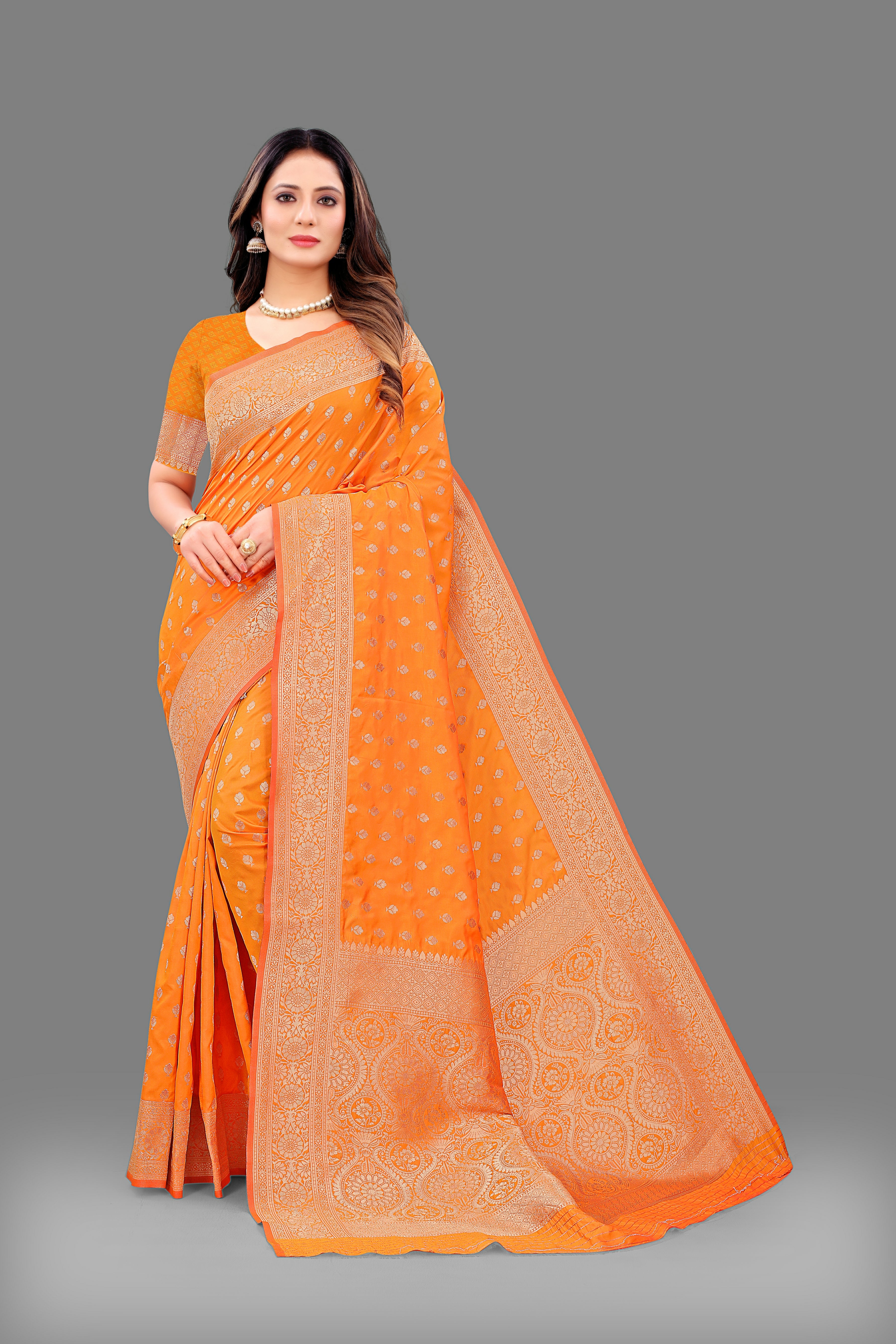 Designer Orange Banarasi Saree with Intricate Golden Work – Bridal & Party Wear
