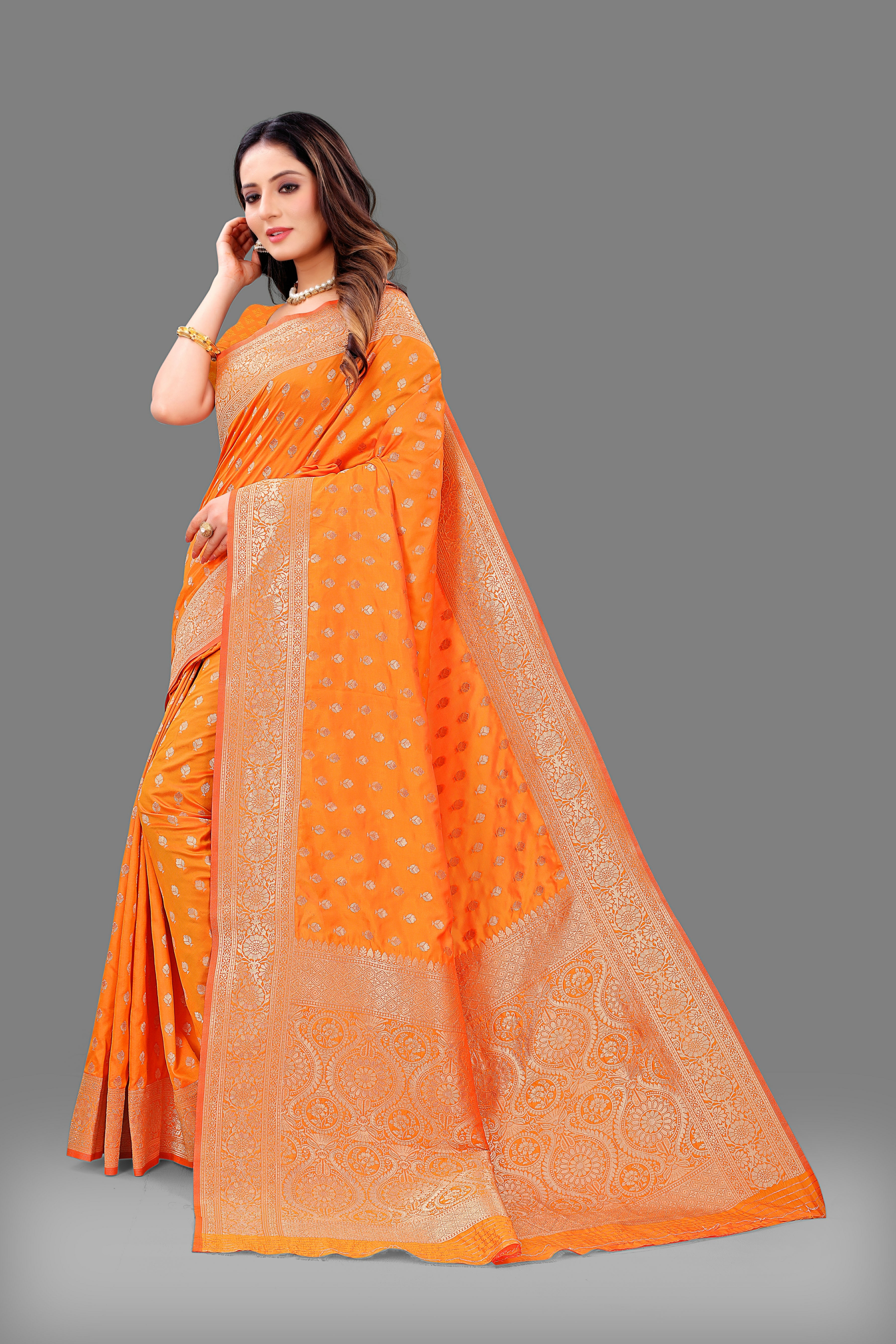 Designer Orange Banarasi Saree with Intricate Golden Work – Bridal & Party Wear
