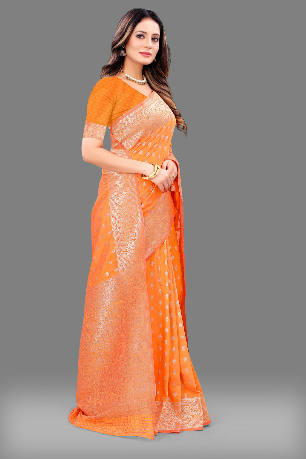 Designer Orange Banarasi Saree with Intricate Golden Work – Bridal & Party Wear