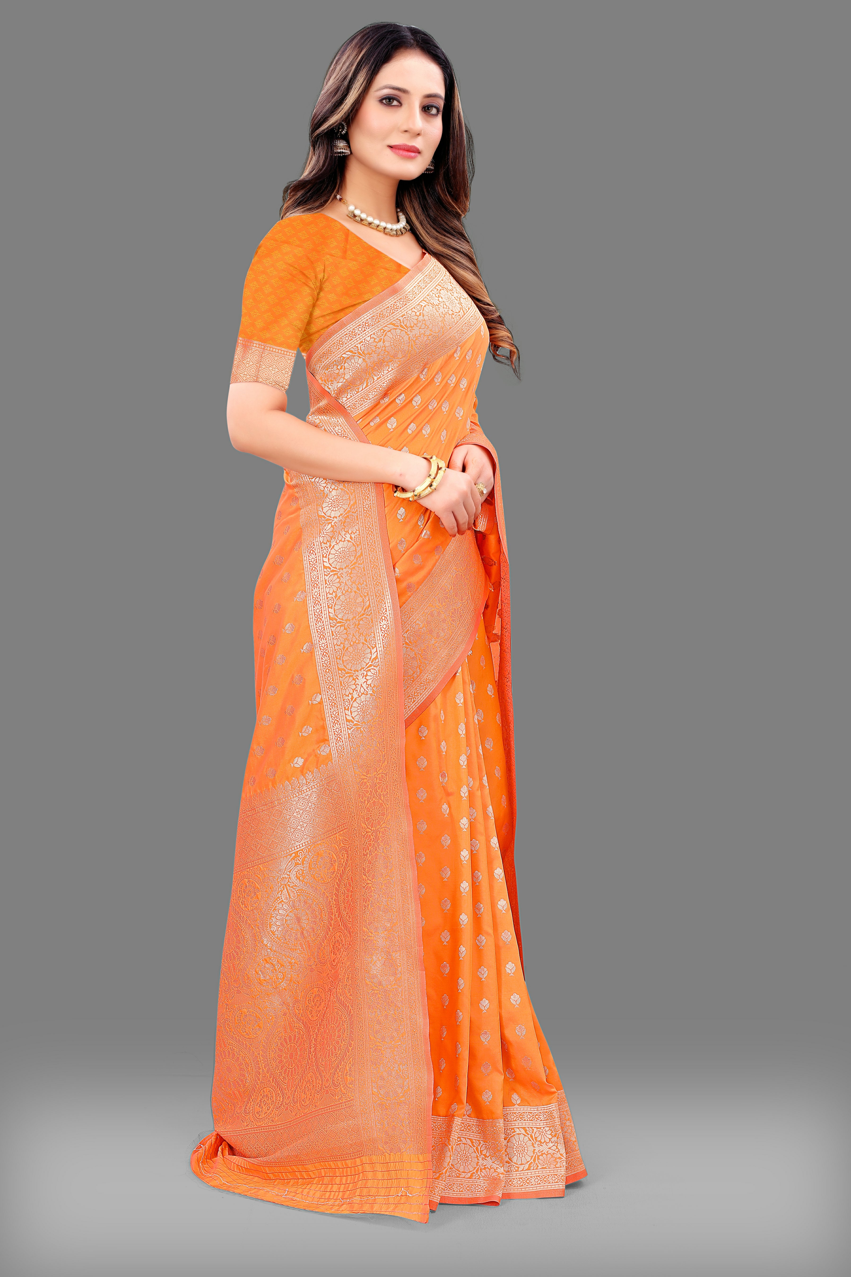 Designer Orange Banarasi Saree with Intricate Golden Work – Bridal & Party Wear