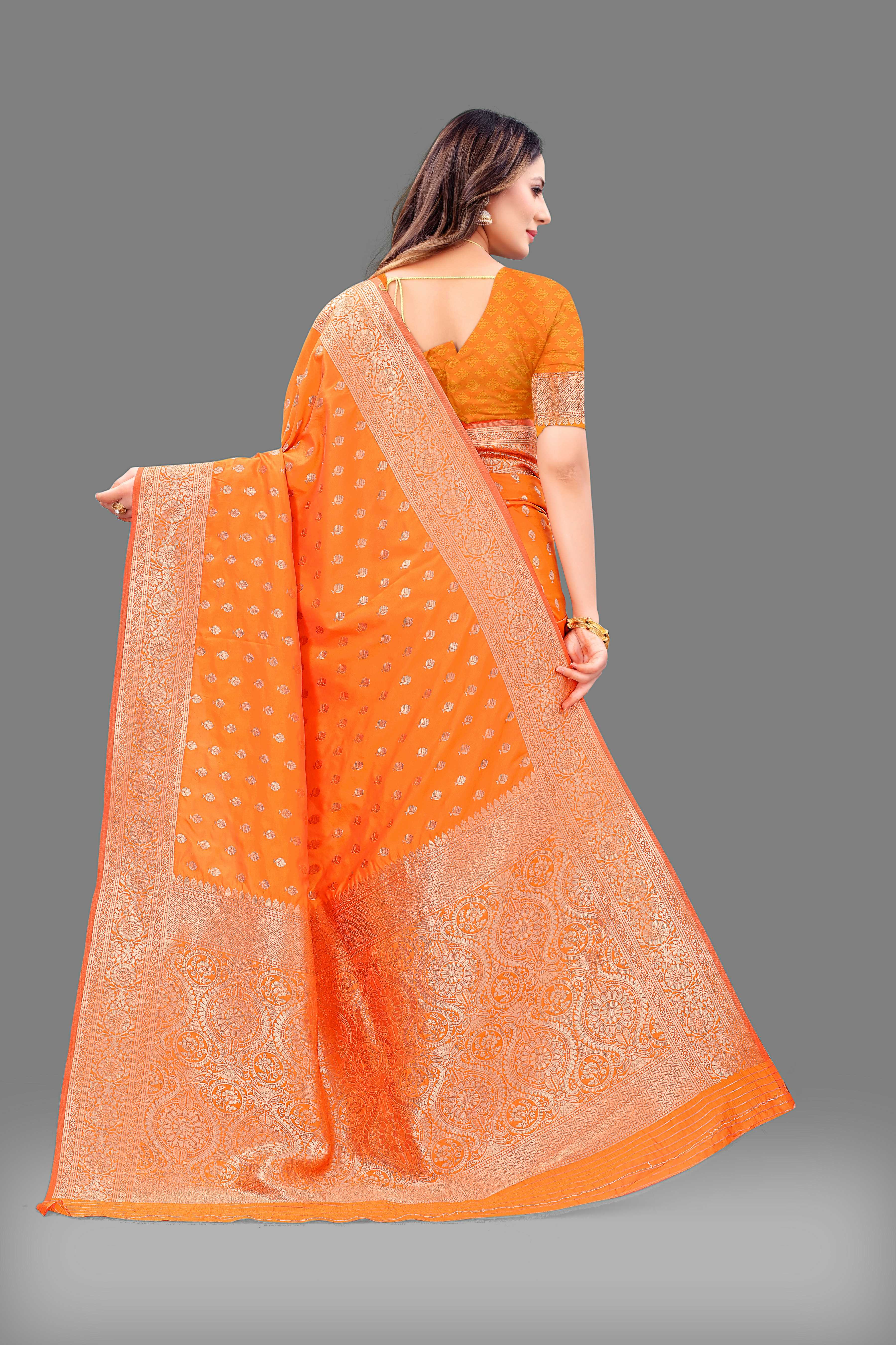 Designer Orange Banarasi Saree with Intricate Golden Work – Bridal & Party Wear