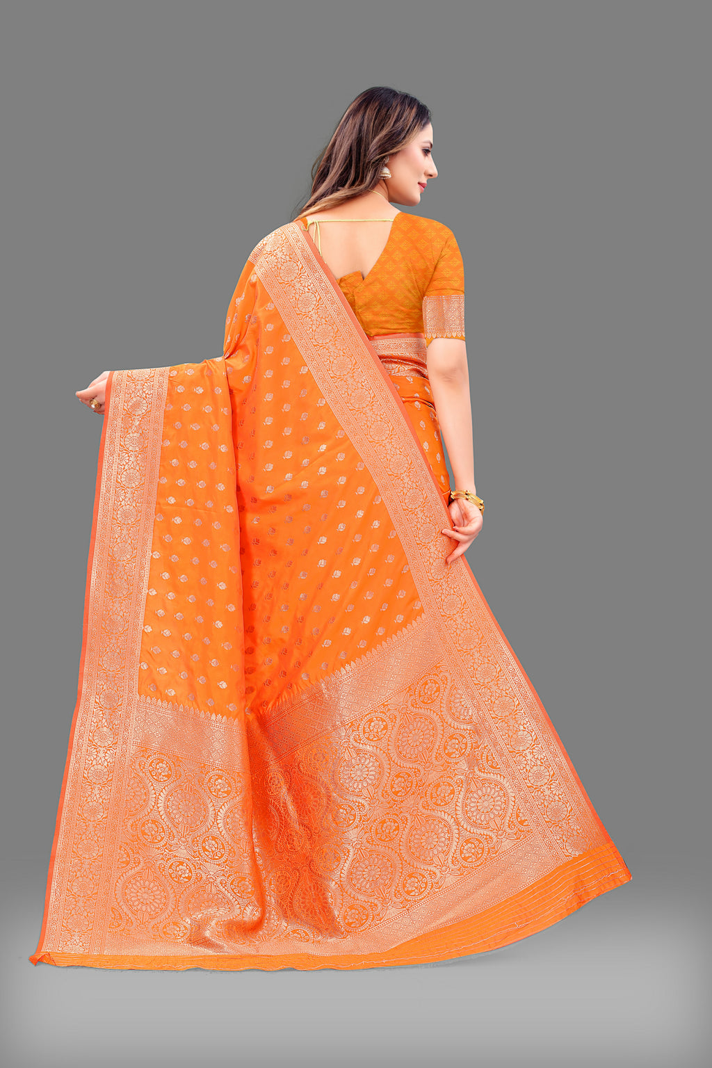 Designer Orange Banarasi Saree with Intricate Golden Work – Bridal & Party Wear