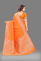 Designer Orange Banarasi Saree with Intricate Golden Work – Bridal & Party Wear