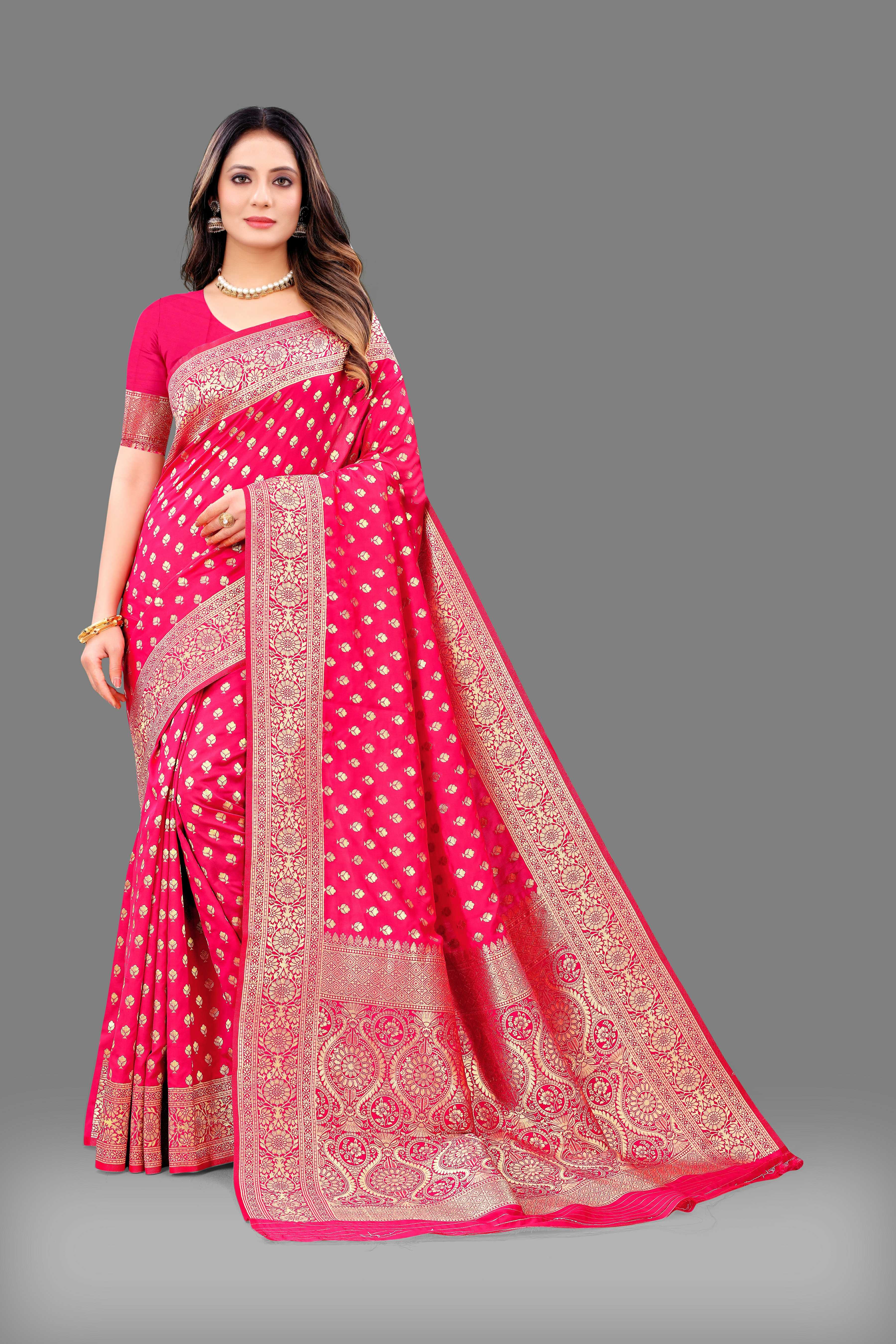 Designer Pink Banarasi Saree with Intricate Golden Work – Bridal & Party Wear