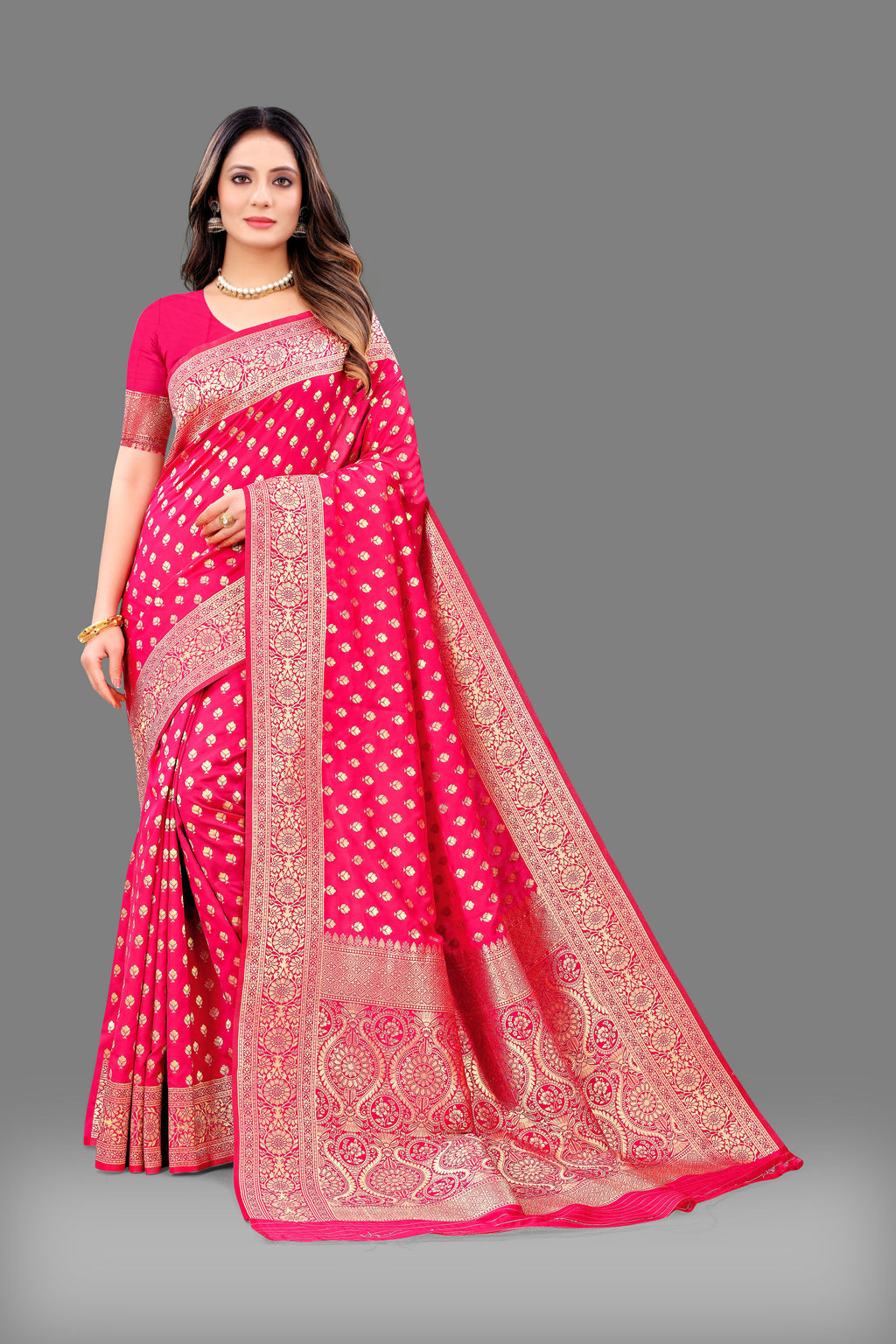 Designer Pink Banarasi Saree with Intricate Golden Work – Bridal & Party Wear
