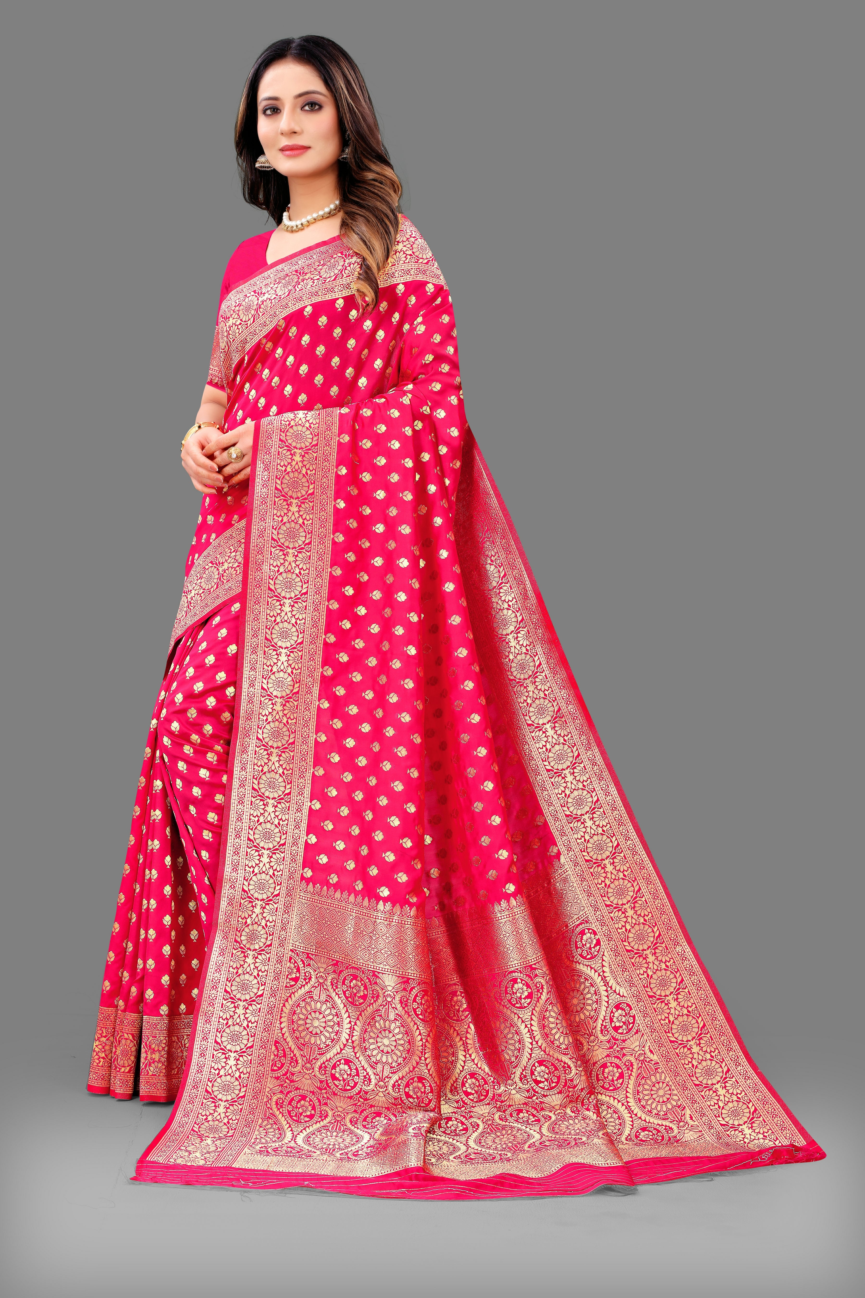 Designer Pink Banarasi Saree with Intricate Golden Work – Bridal & Party Wear