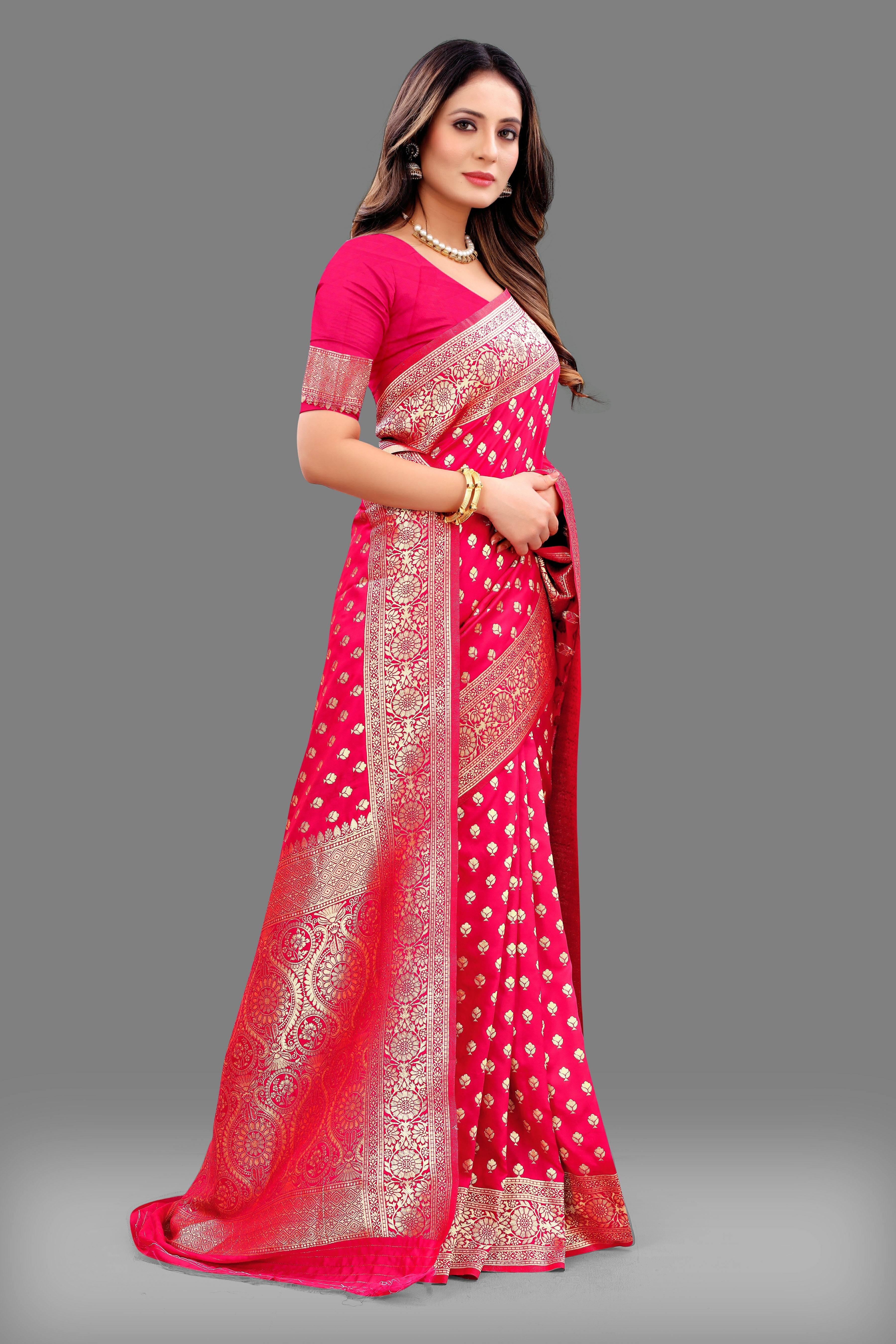 Designer Pink Banarasi Saree with Intricate Golden Work – Bridal & Party Wear