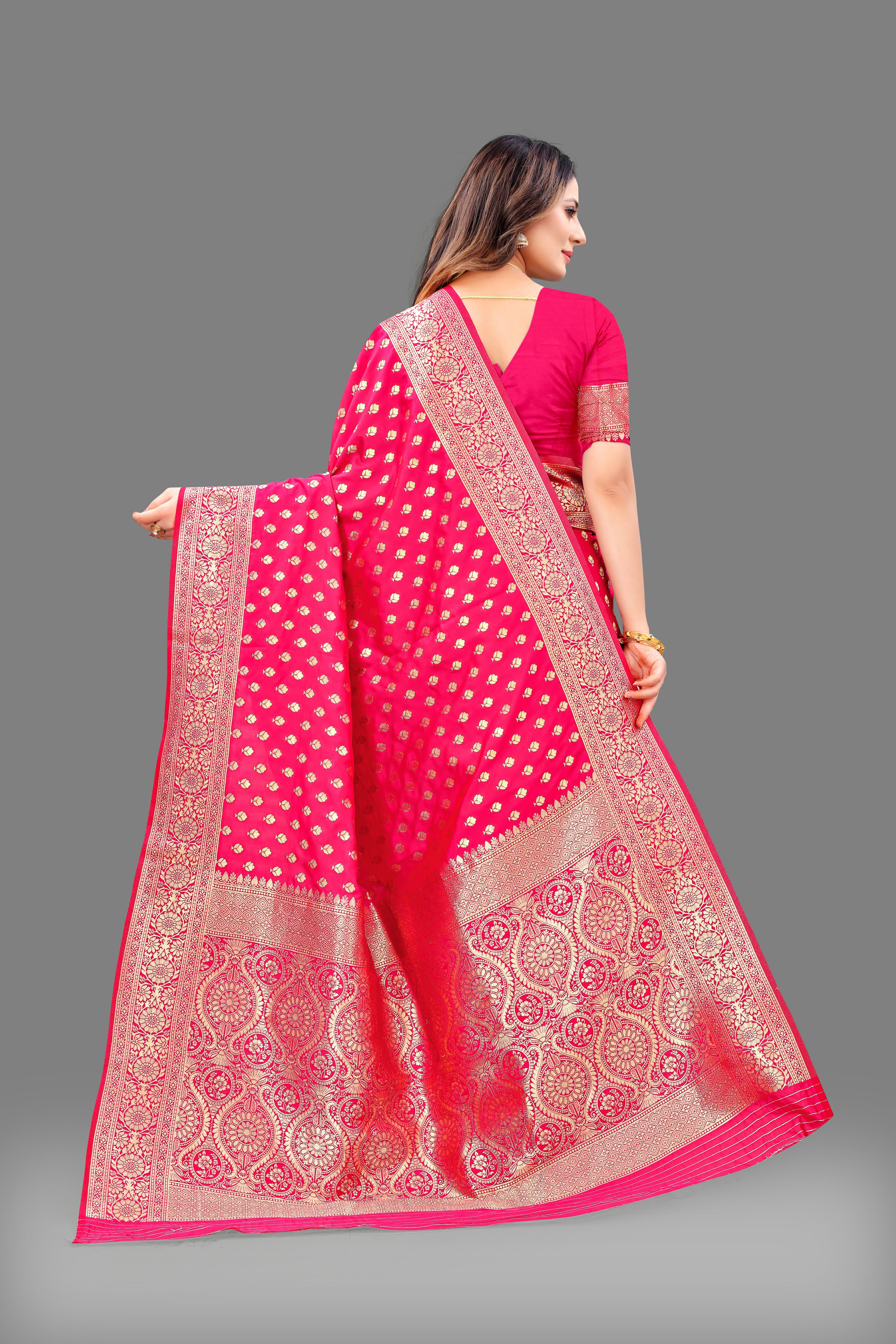 Designer Pink Banarasi Saree with Intricate Golden Work – Bridal & Party Wear