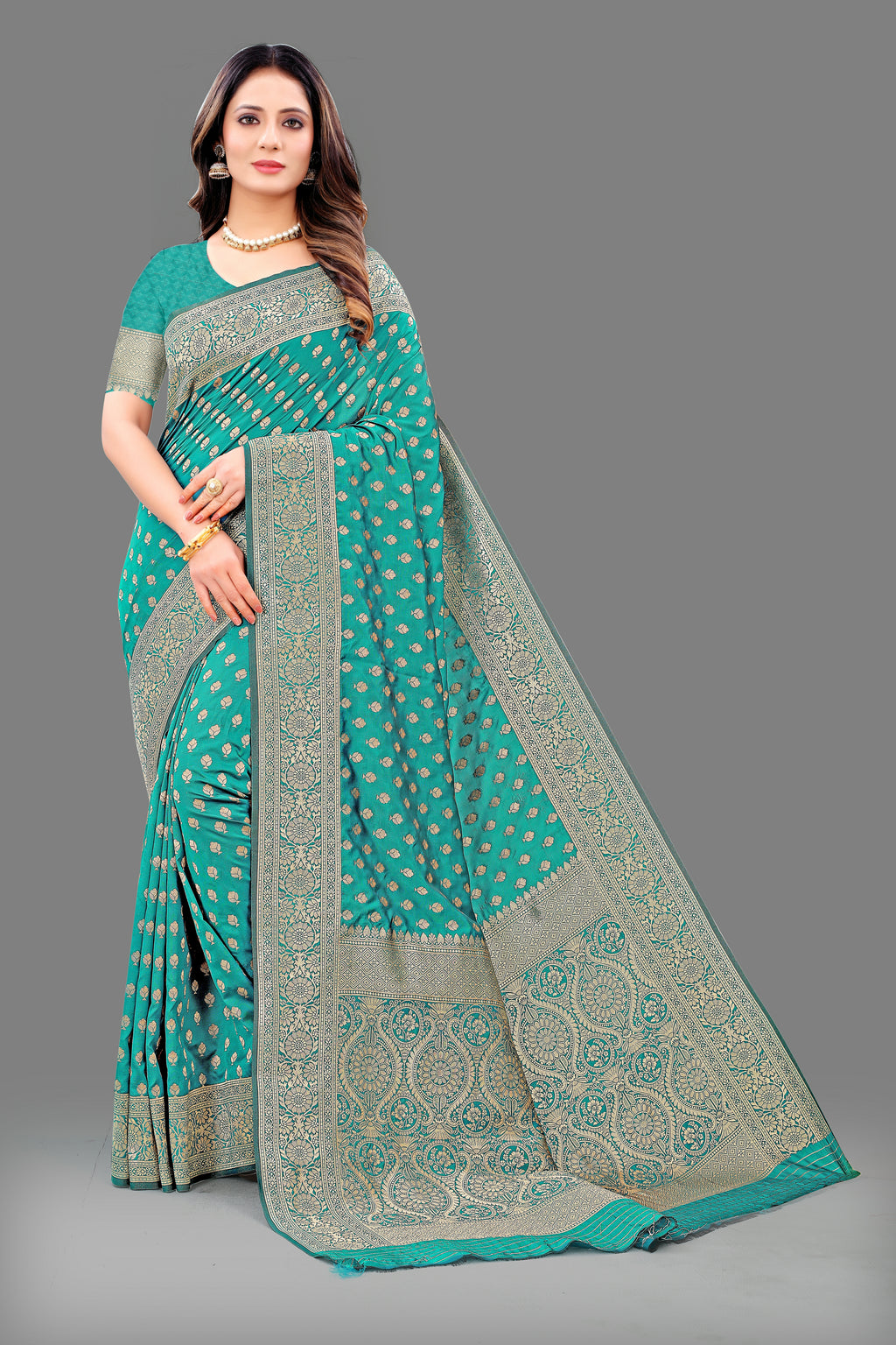 Designer Teal Banarasi Saree with Intricate Golden Work – Bridal & Party Wear