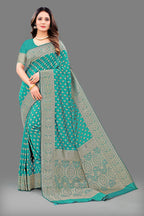 Designer Teal Banarasi Saree with Intricate Golden Work – Bridal & Party Wear