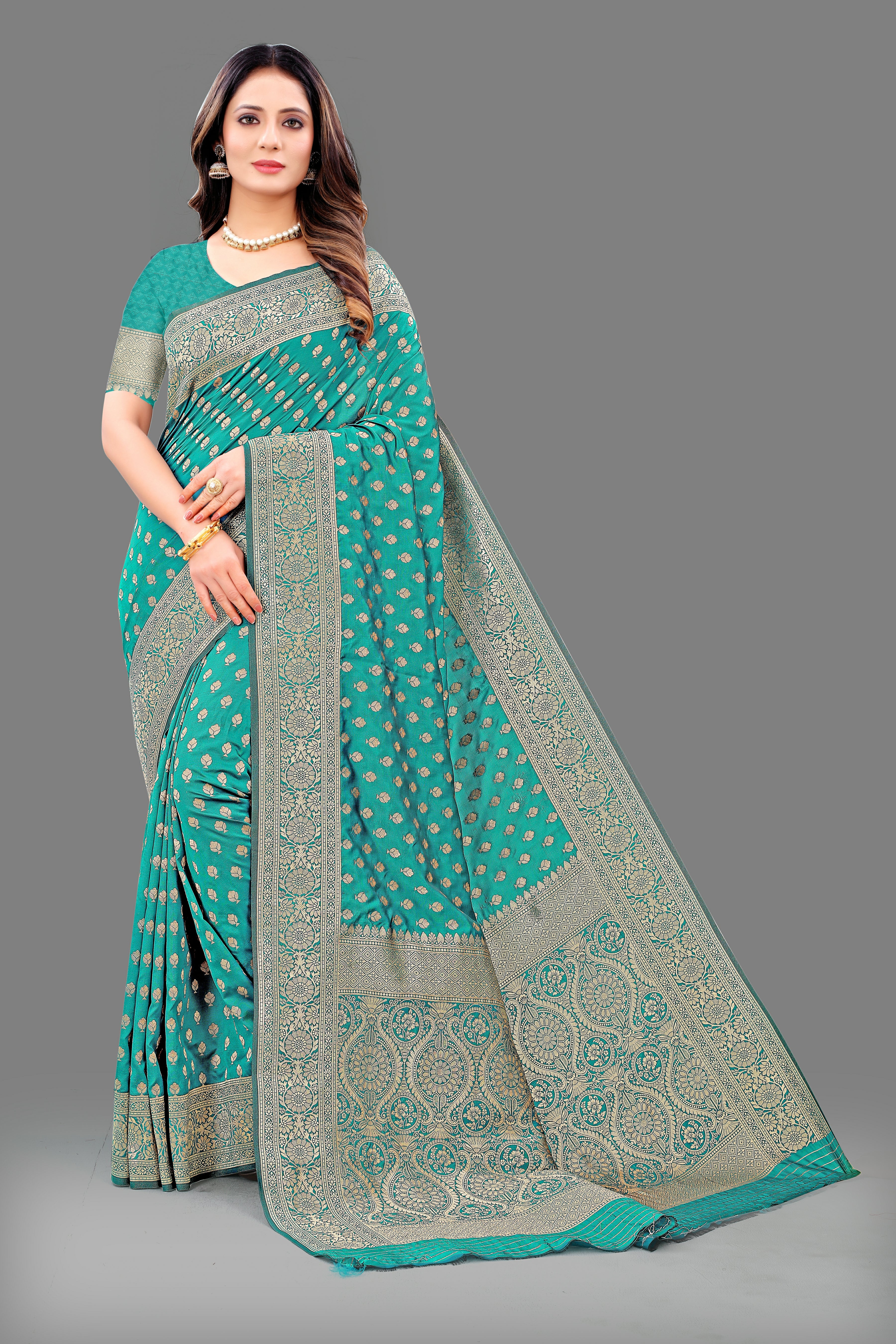 Designer Teal Banarasi Saree with Intricate Golden Work – Bridal & Party Wear