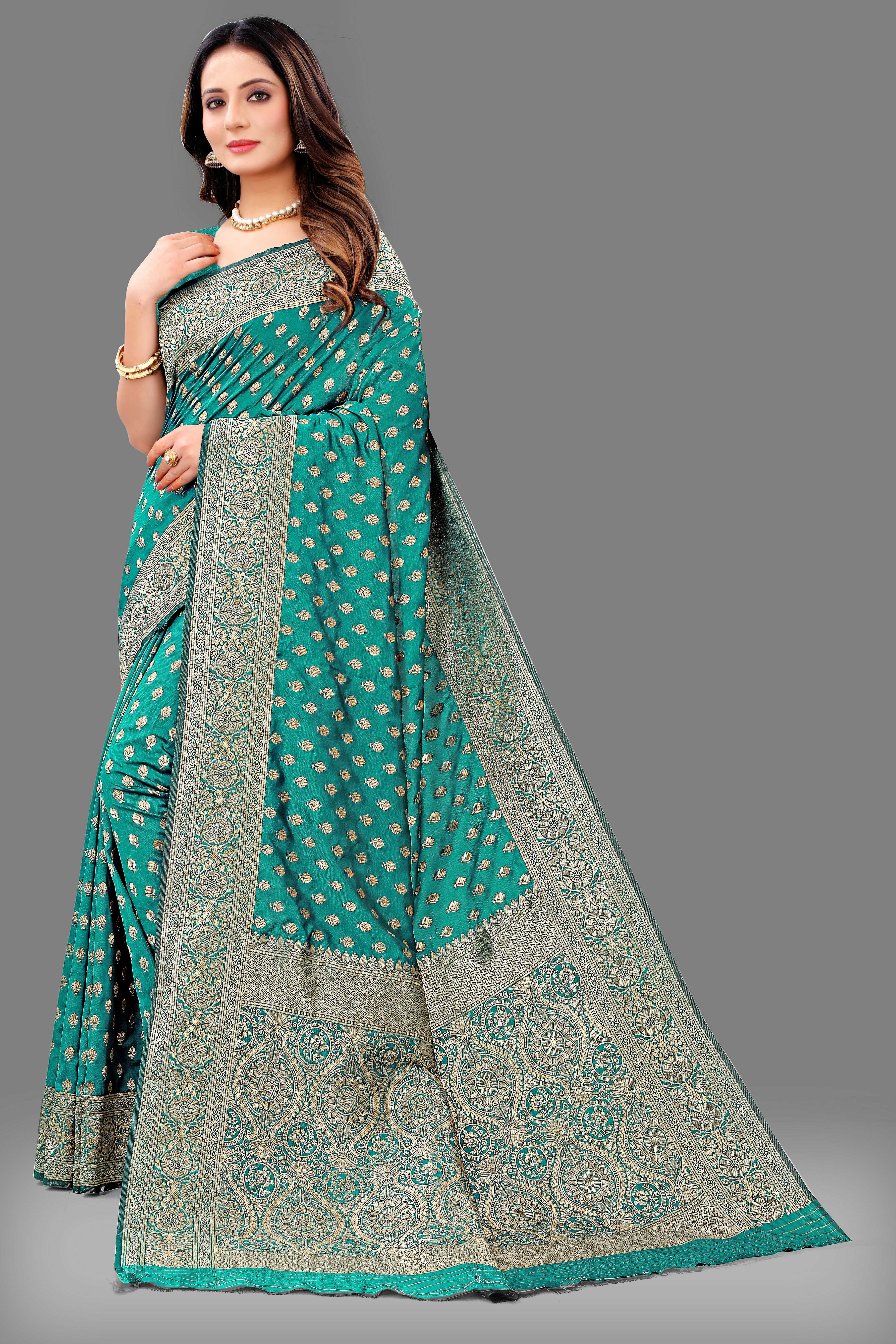 Designer Teal Banarasi Saree with Intricate Golden Work – Bridal & Party Wear