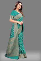 Designer Teal Banarasi Saree with Intricate Golden Work – Bridal & Party Wear