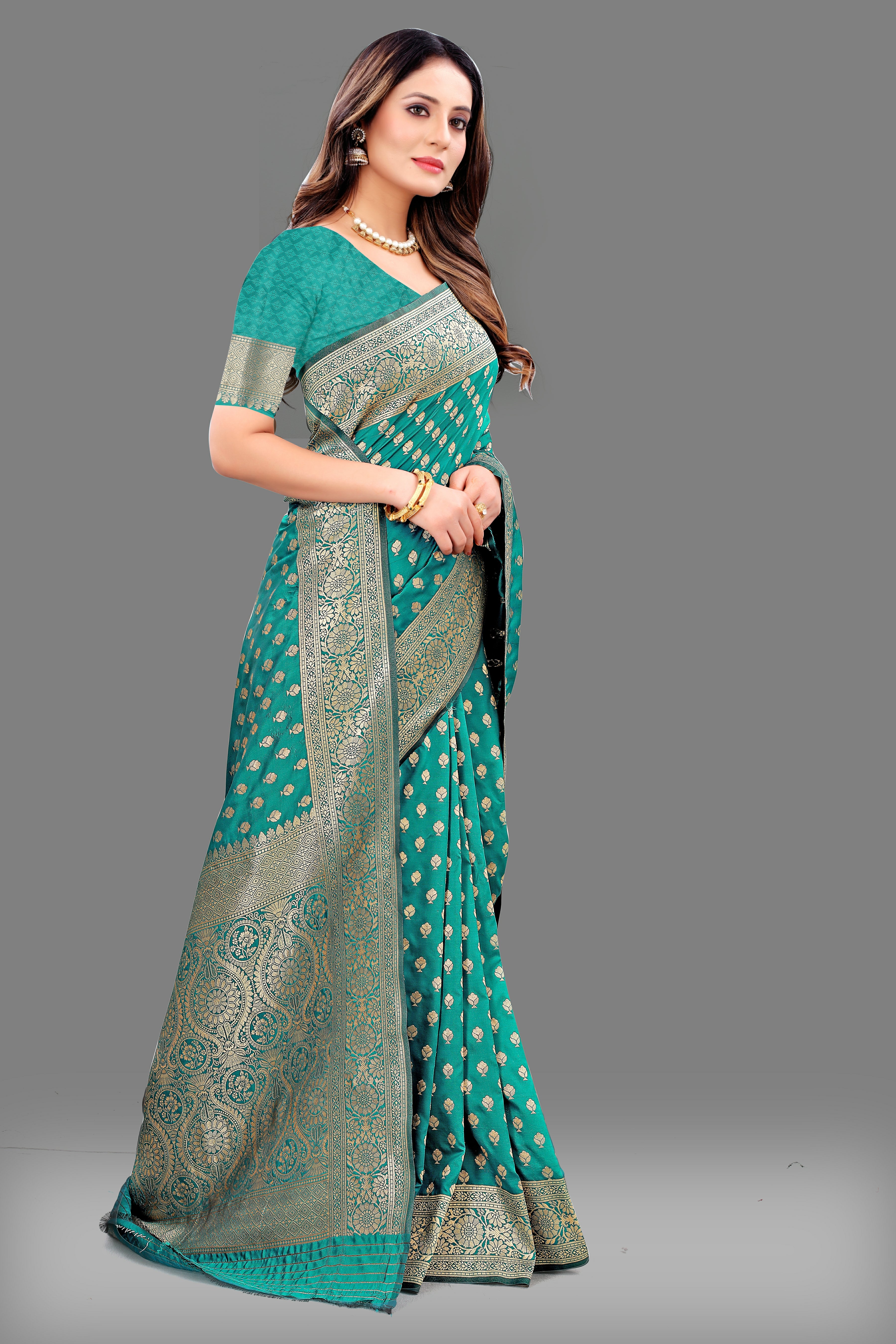 Designer Teal Banarasi Saree with Intricate Golden Work – Bridal & Party Wear
