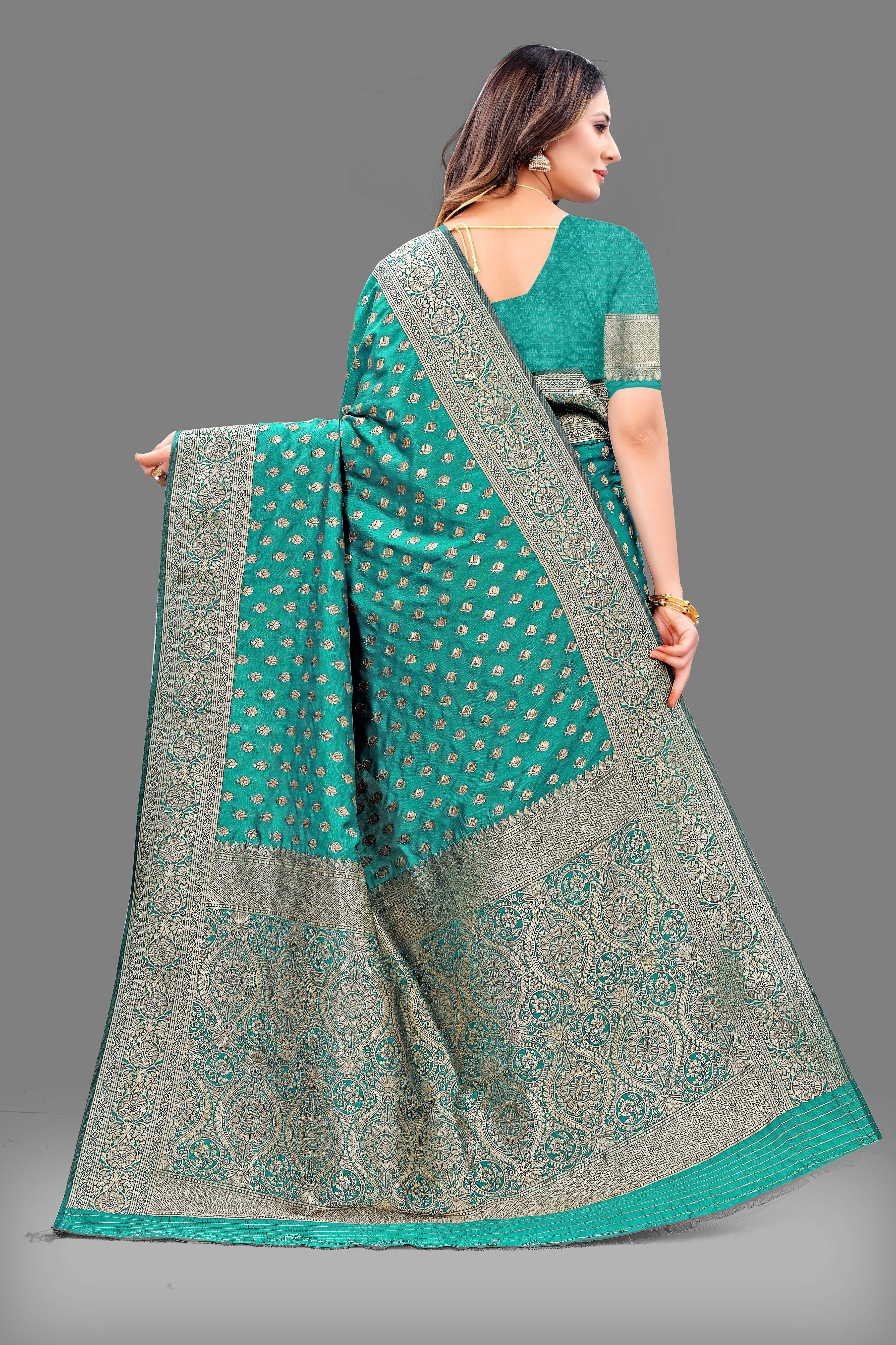 Designer Teal Banarasi Saree with Intricate Golden Work – Bridal & Party Wear