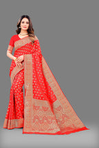 Designer Red Banarasi Saree with Intricate Golden Work – Bridal & Party Wear