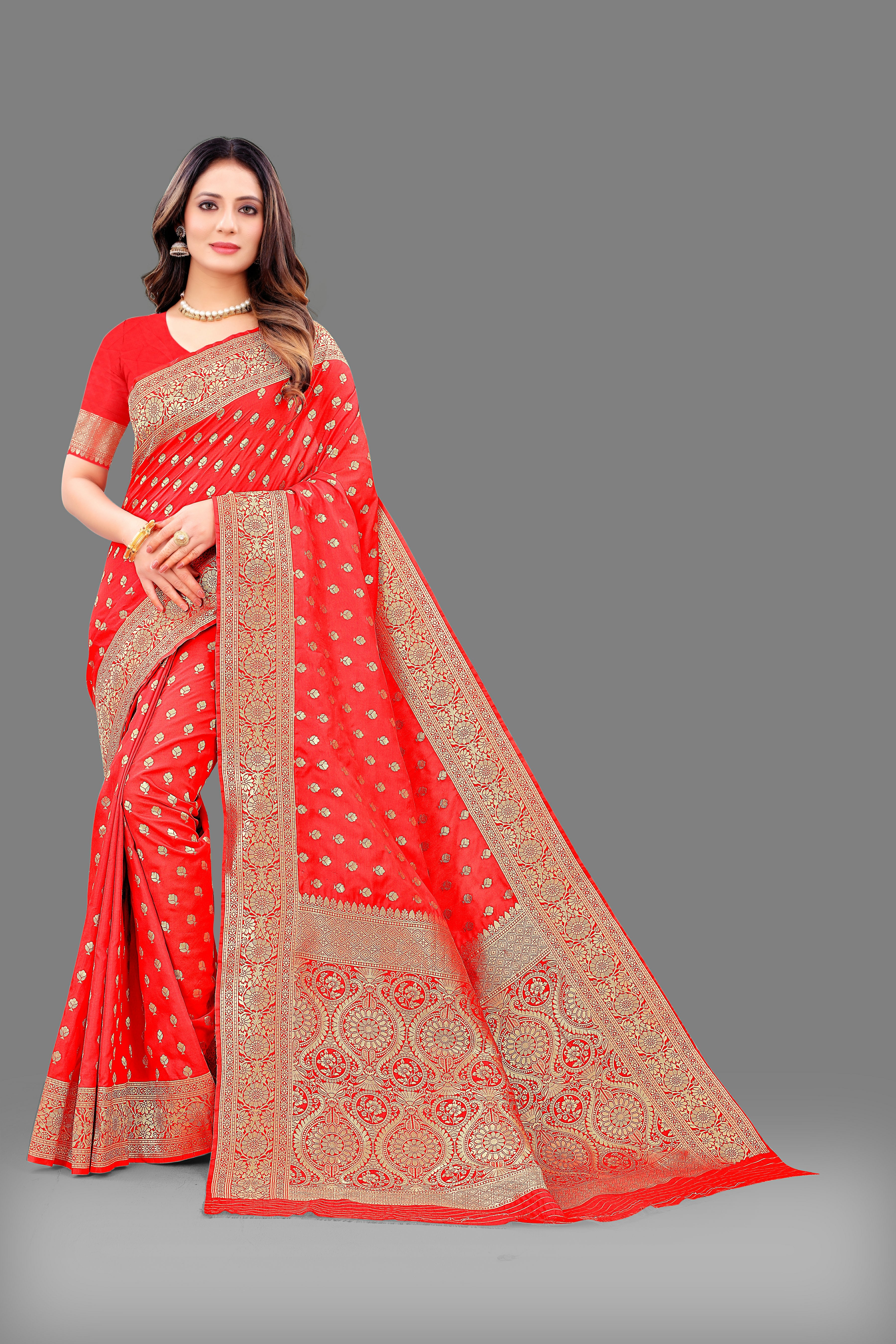 Designer Red Banarasi Saree with Intricate Golden Work – Bridal & Party Wear