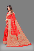 Designer Red Banarasi Saree with Intricate Golden Work – Bridal & Party Wear