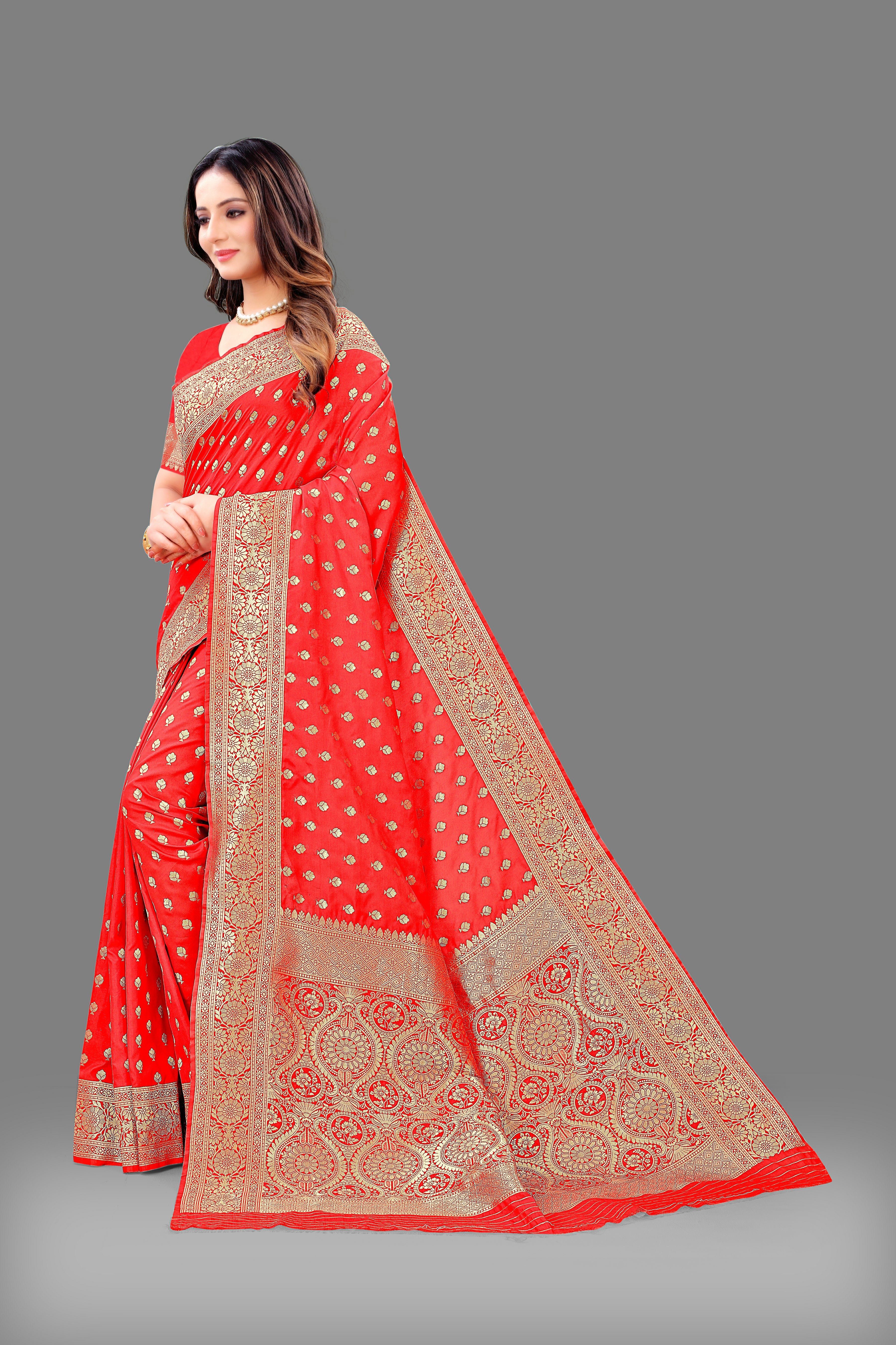 Designer Red Banarasi Saree with Intricate Golden Work – Bridal & Party Wear
